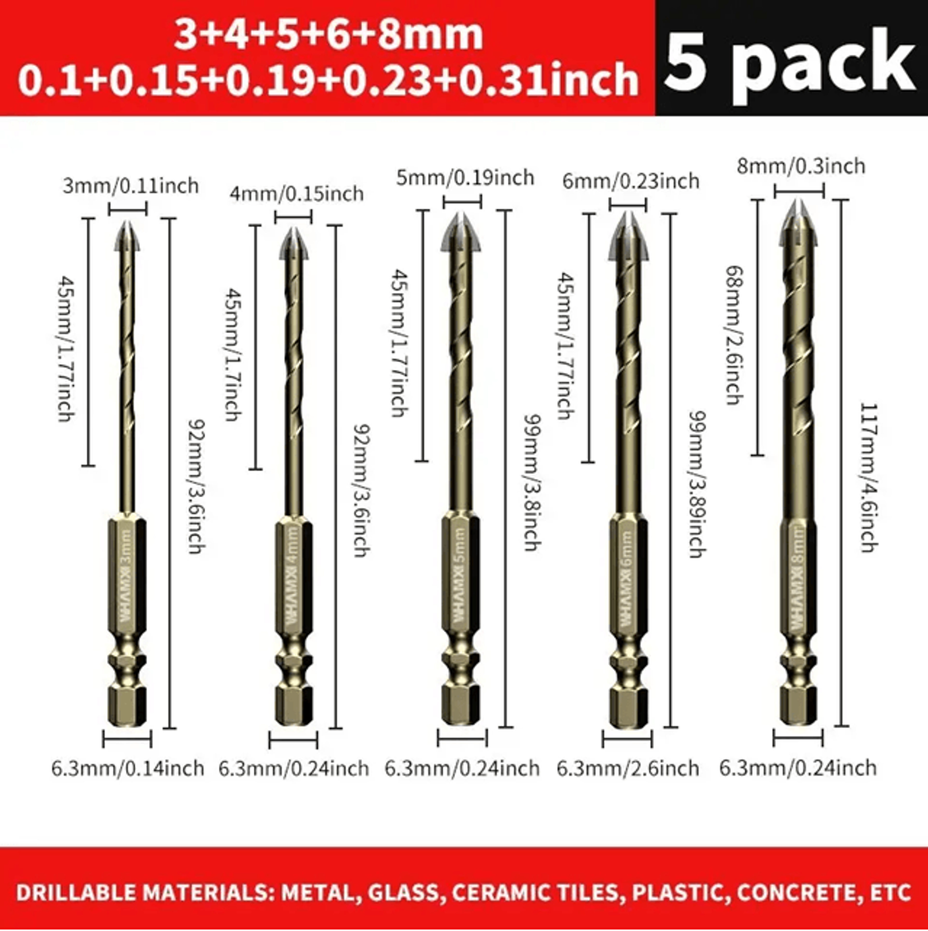 toughbore tungsten carbide tile and glass drill bit set – 5pc/7pc multi surface set