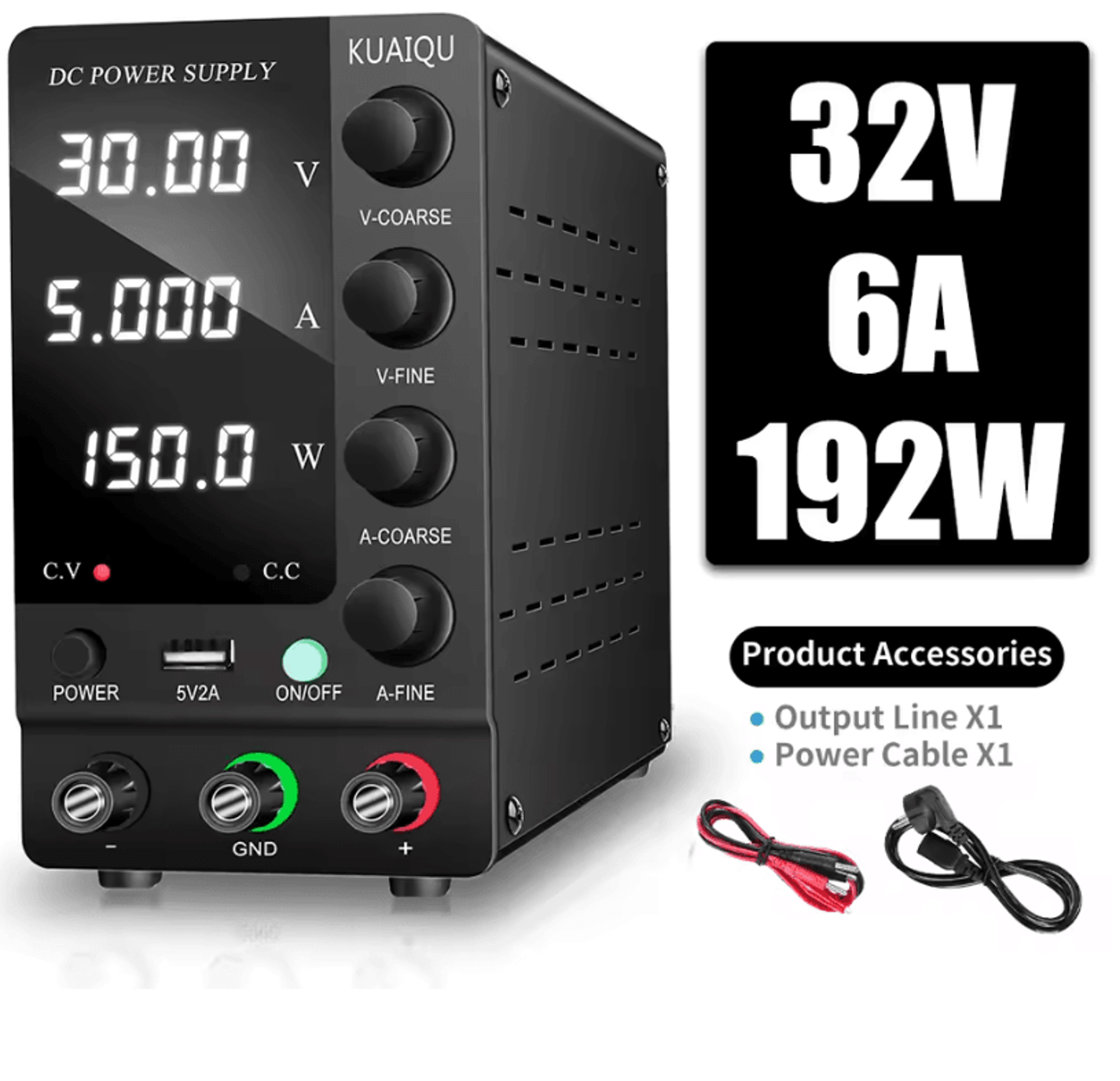 kuaiqu adjustable dc power supply with usb interface – 30v 10a, 60v 5a, 120v 3a lab bench supply
