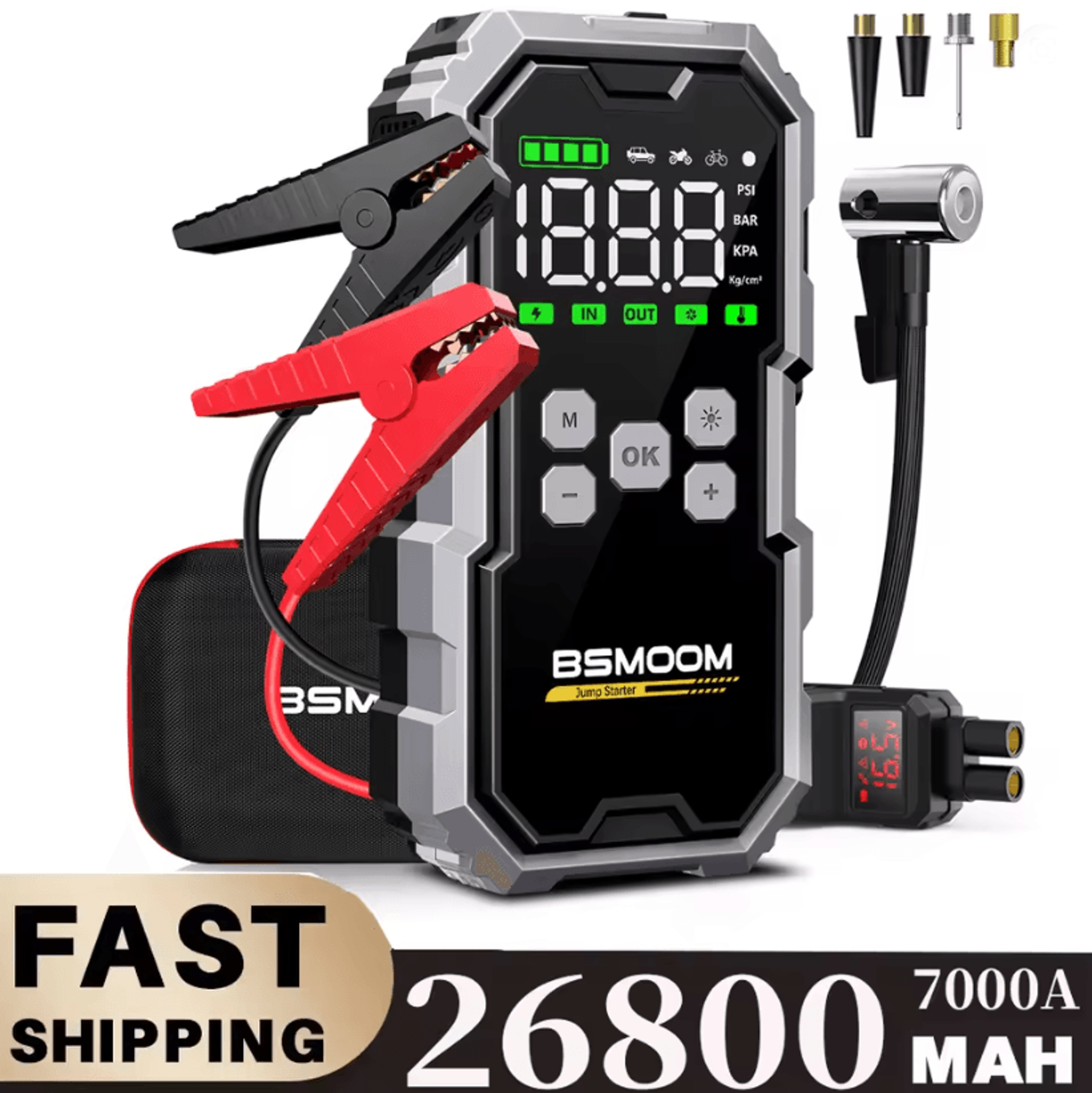 portable car jump starter with 150psi air compressor and 7000a peak battery booster power bank