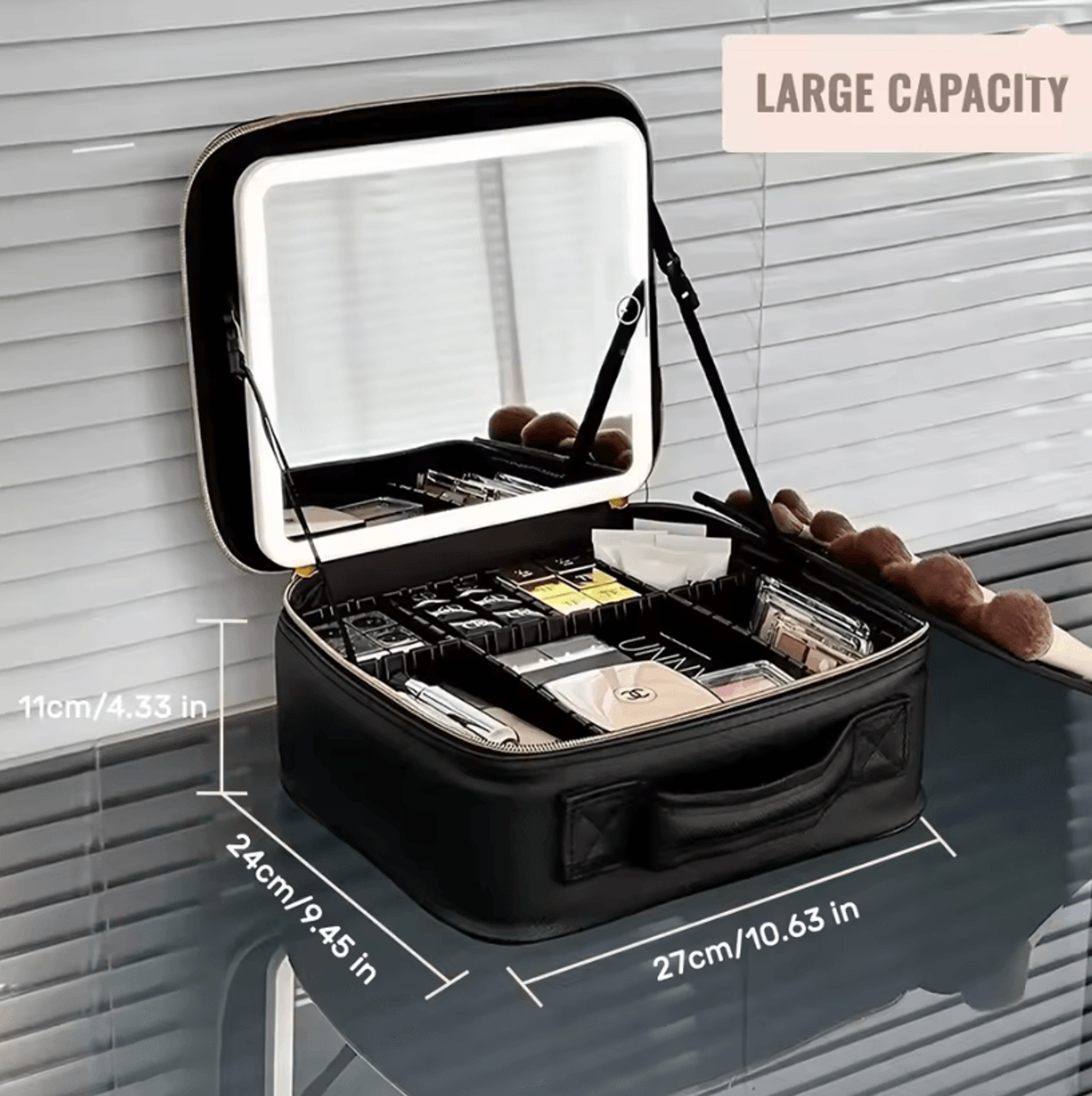 travel makeup bag with led lighted mirror and adjustable dividers for cosmetics and accessories