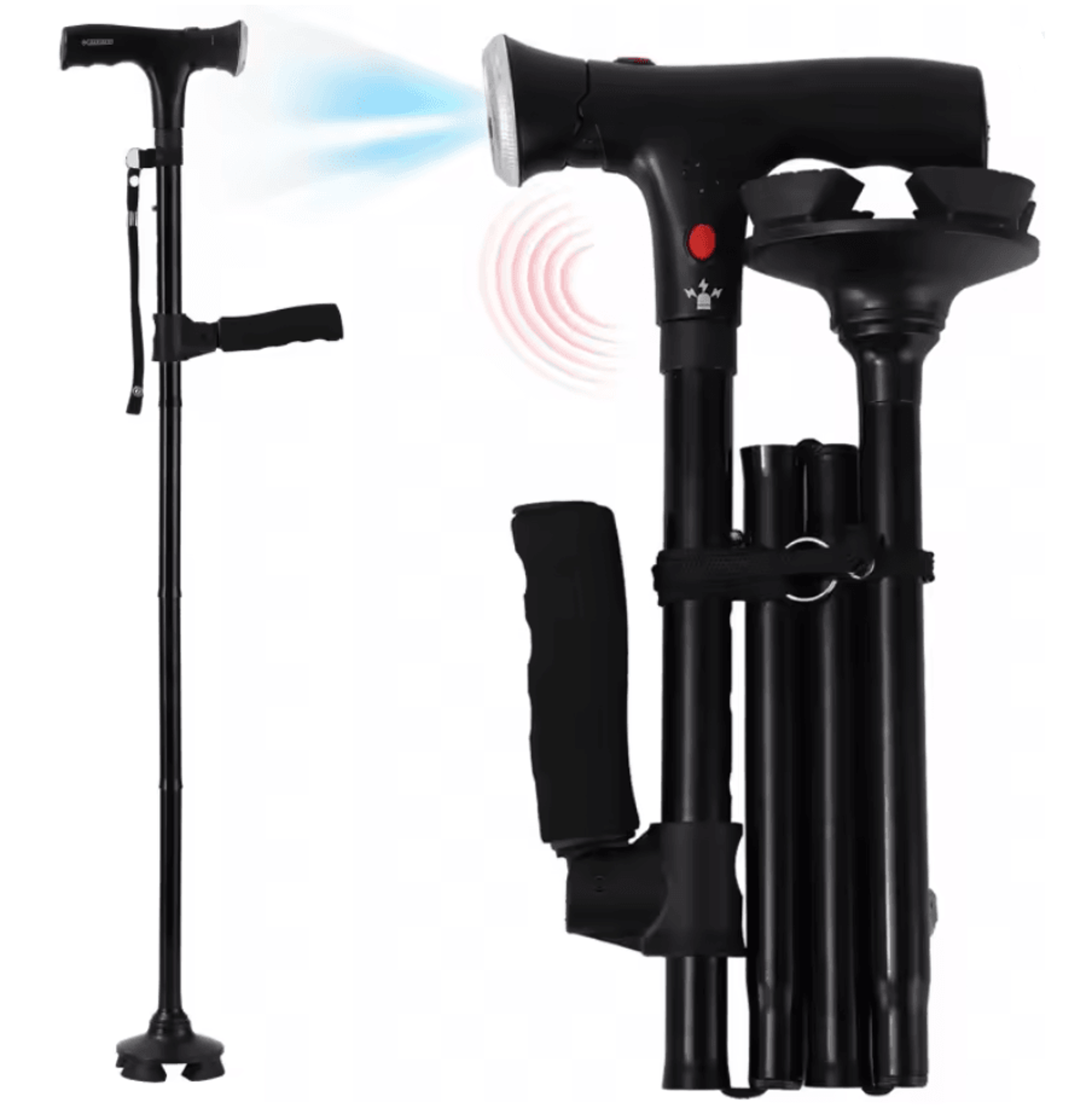 folding adjustable walking cane with led light