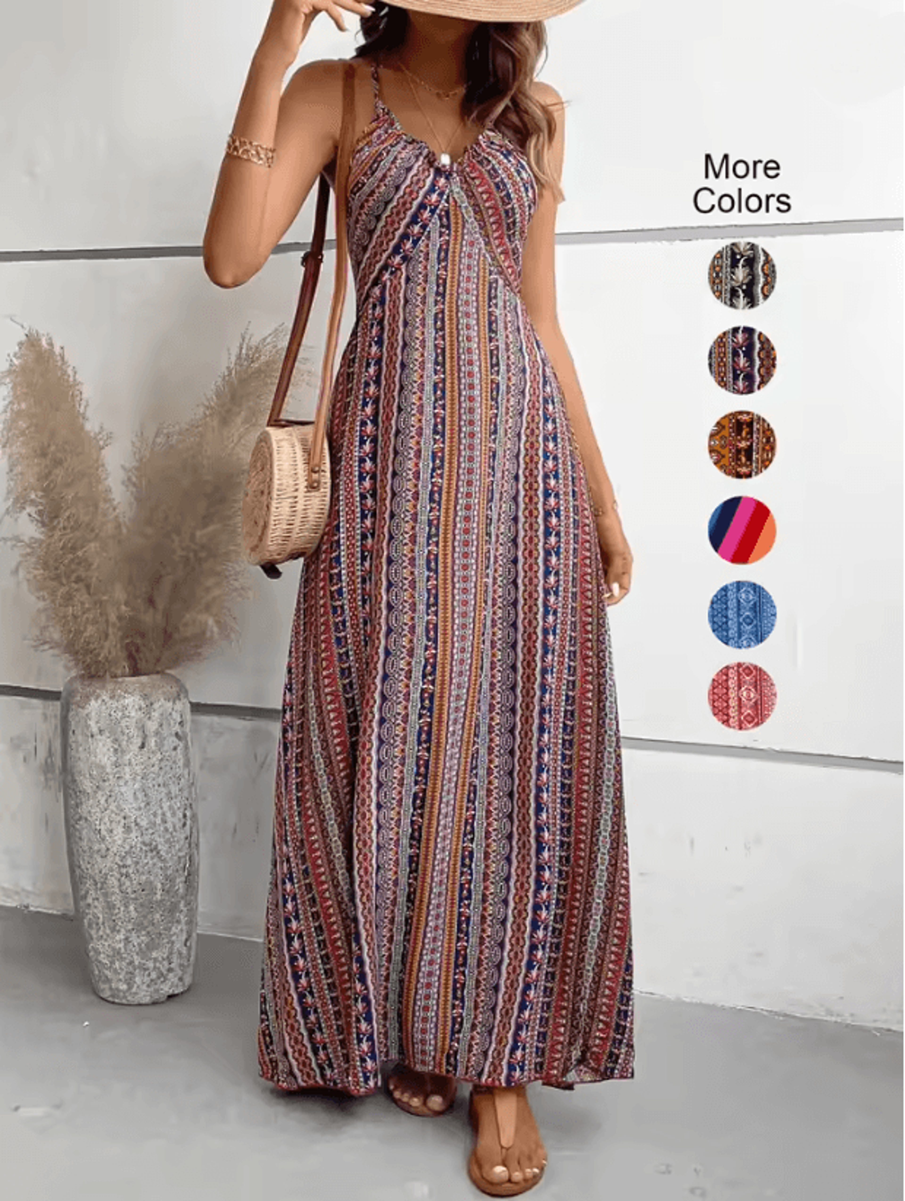 boho summer backless split thigh maxi dress ethnic print beach vacation dress