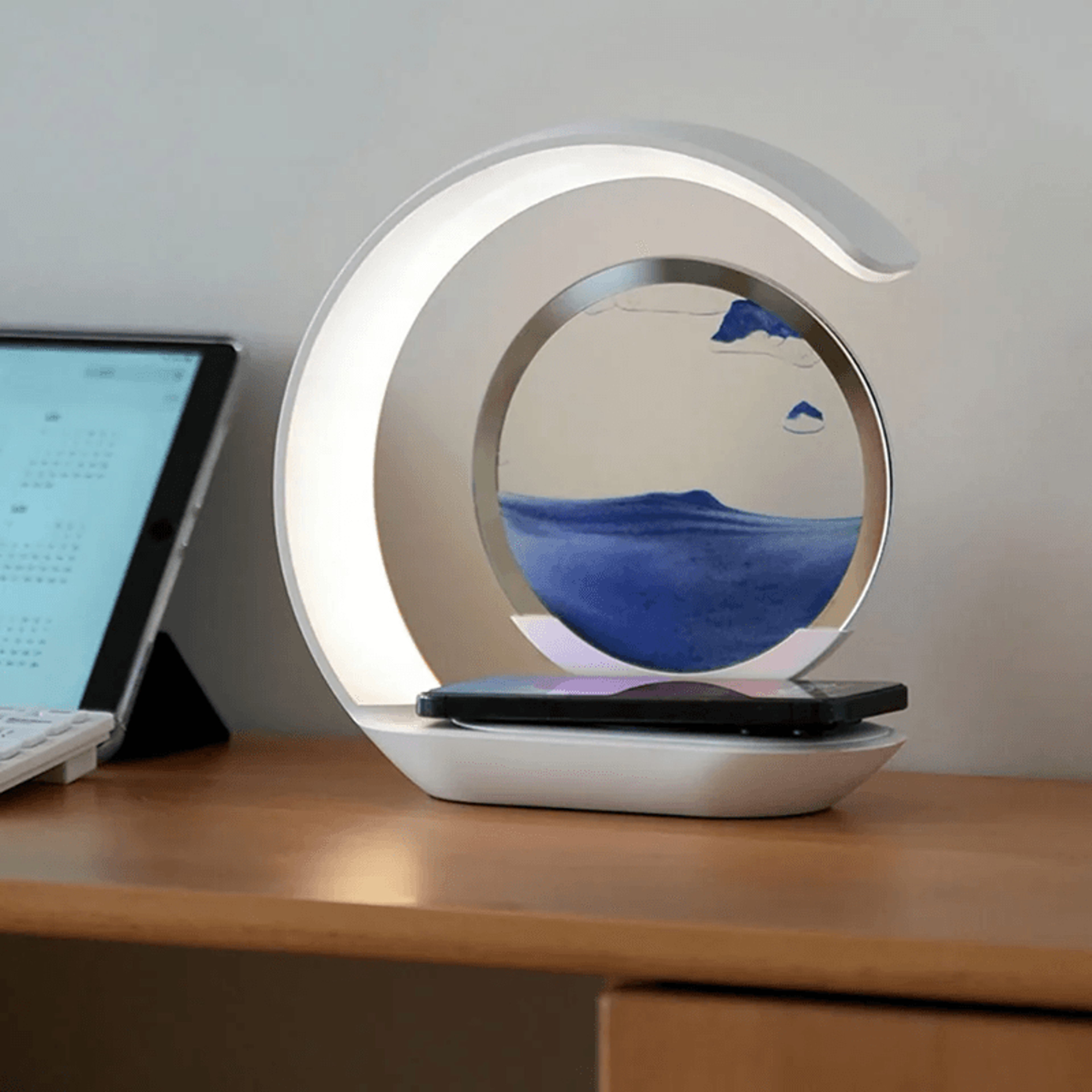 quicksand table lamp with wireless charging and 3d sand art night light