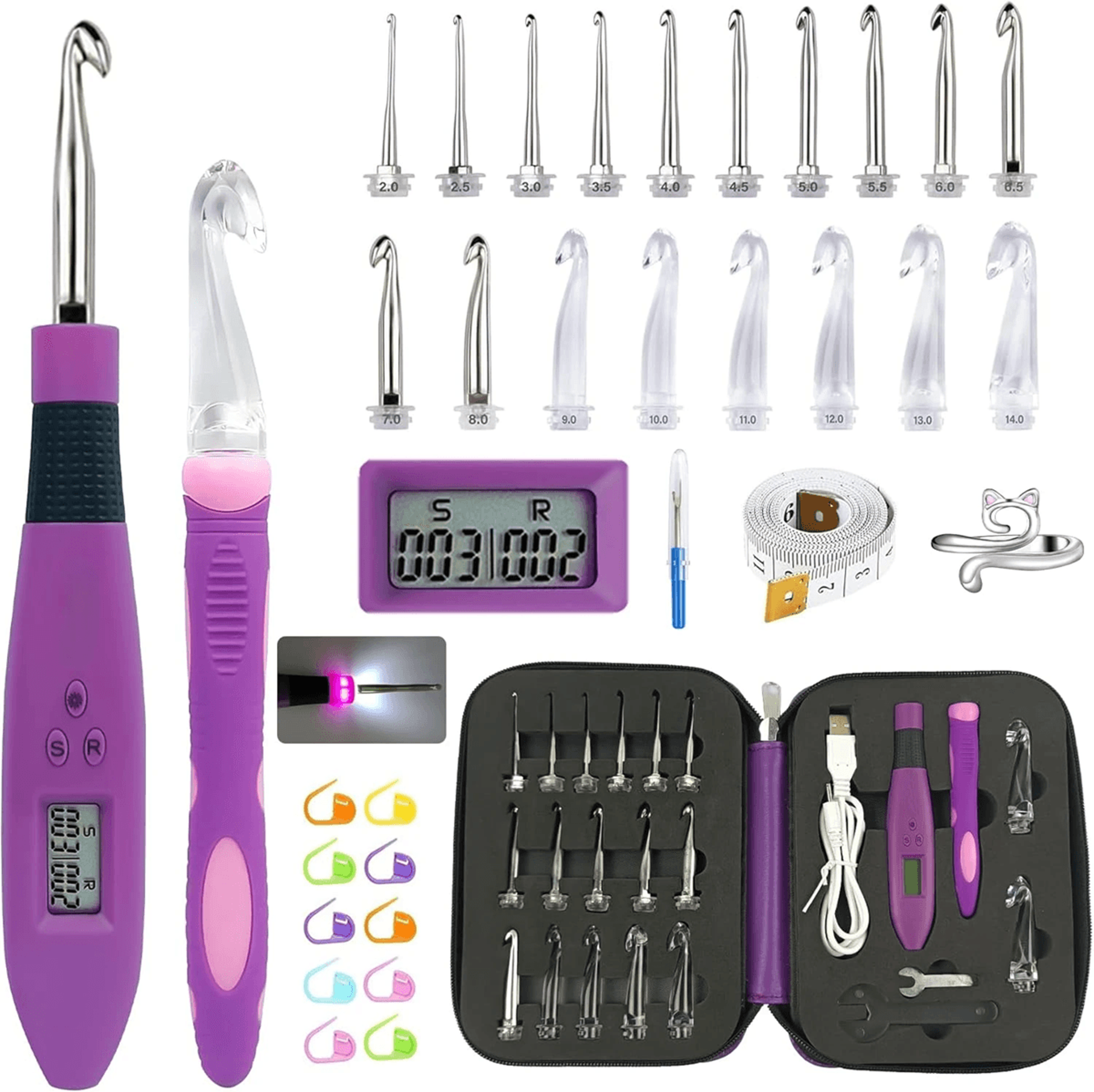 24 Piece Lighted Crochet Hook Set With Ergonomic Knitting Needles And Interchangeable Metal Heads 1
