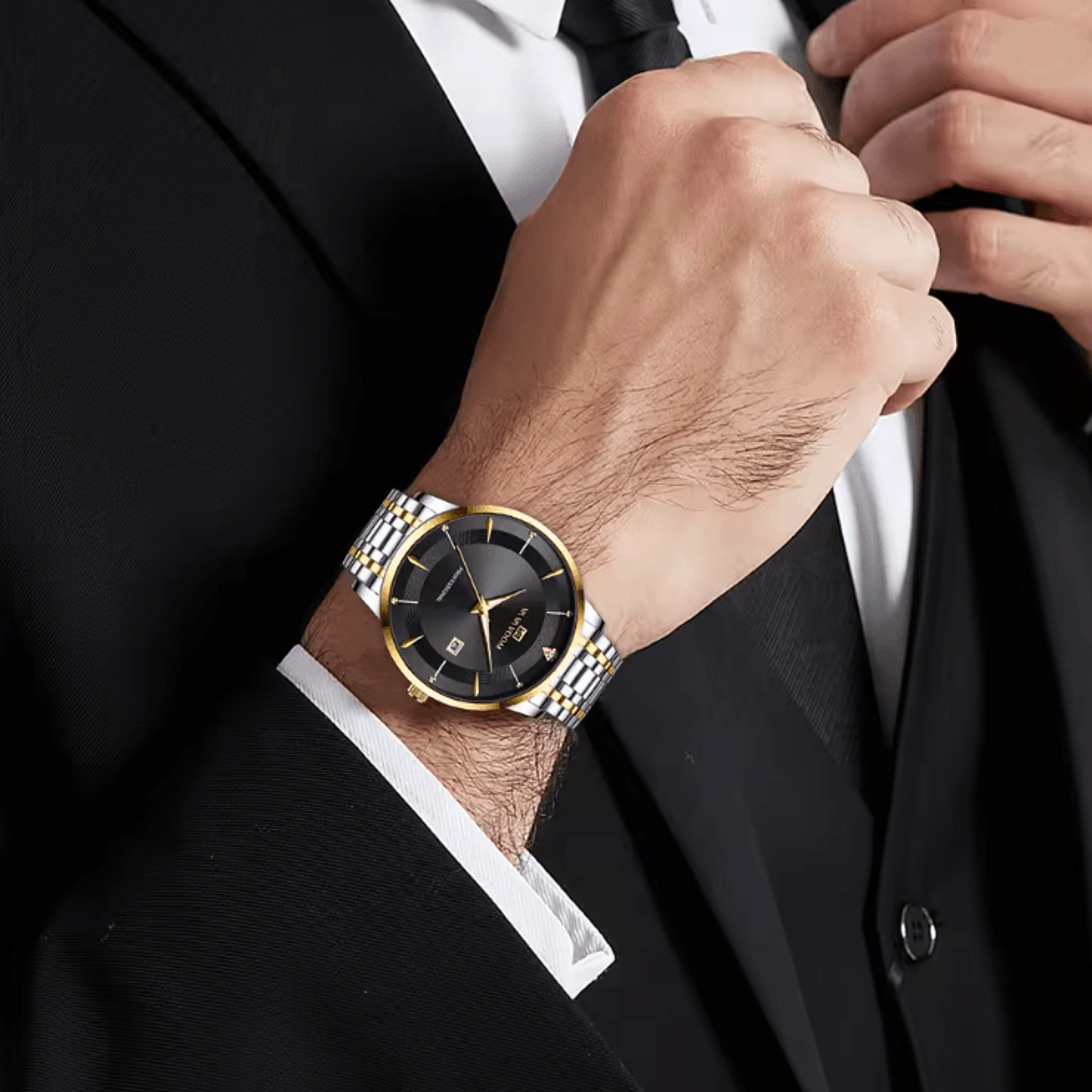luxury mens stainless steel watch with quartz movement and rhinestone detailing