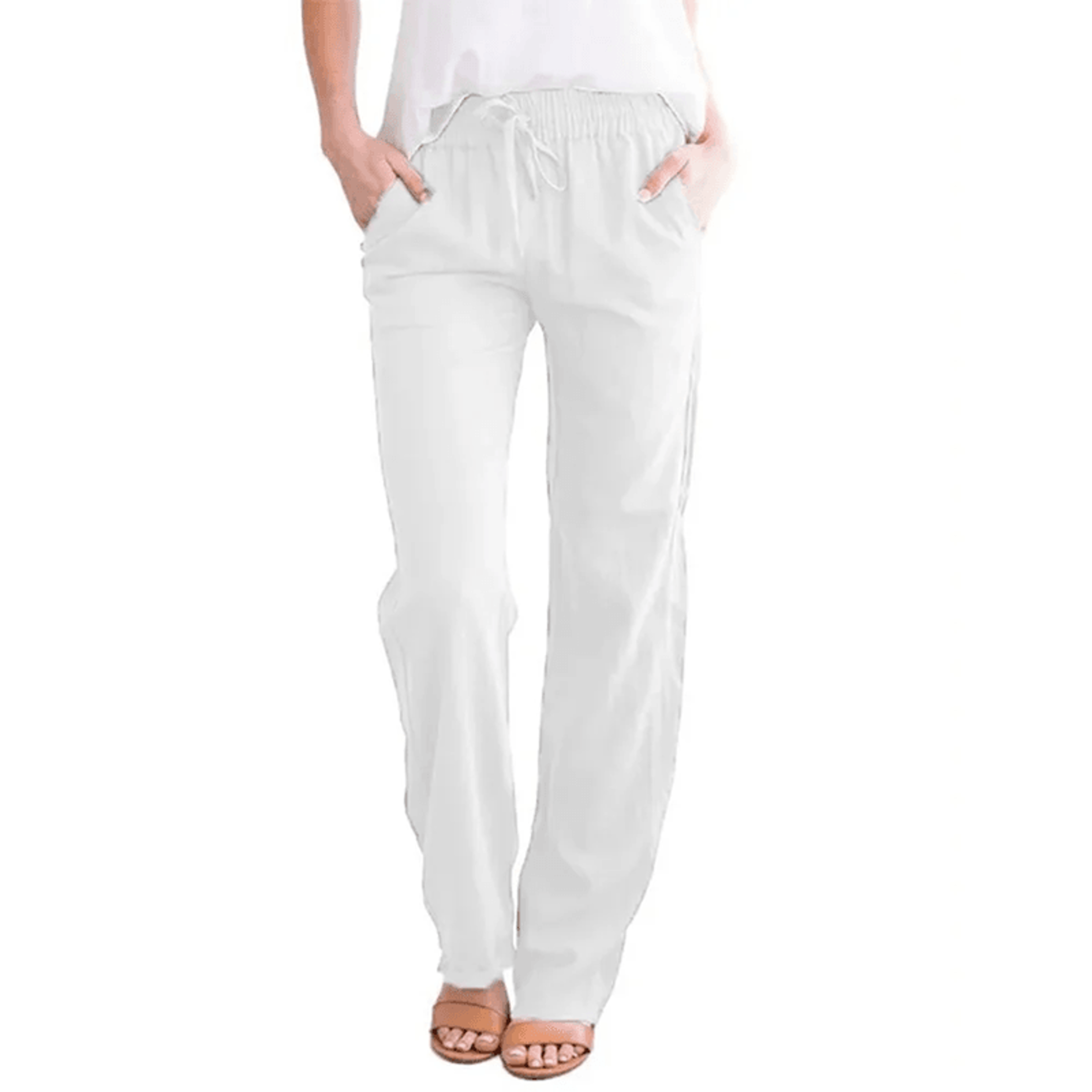 women cotton linen drawstring pants loose straight leg trousers