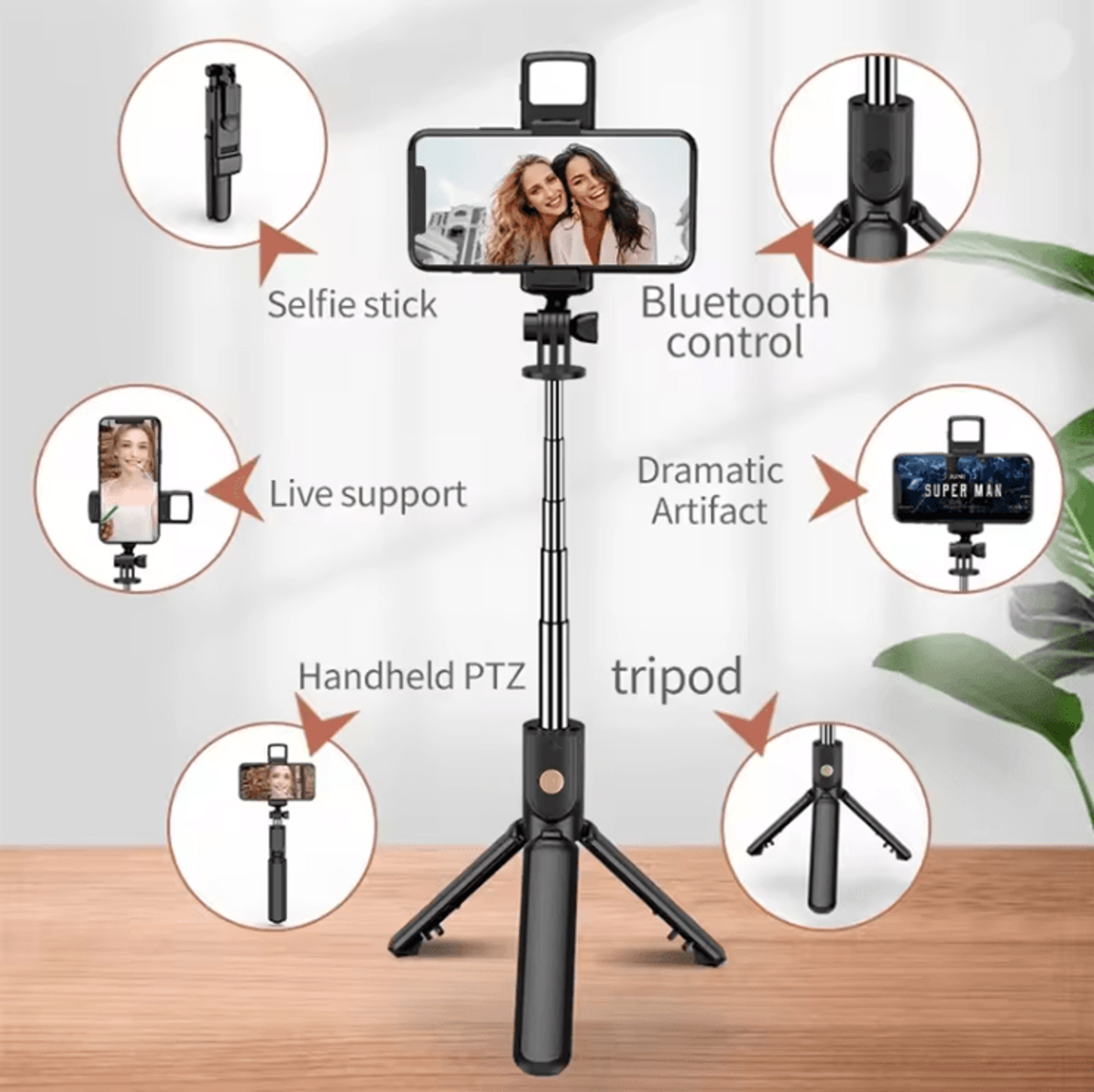 flexible 360 degree selfie stick tripod with wireless remote and phone holder
