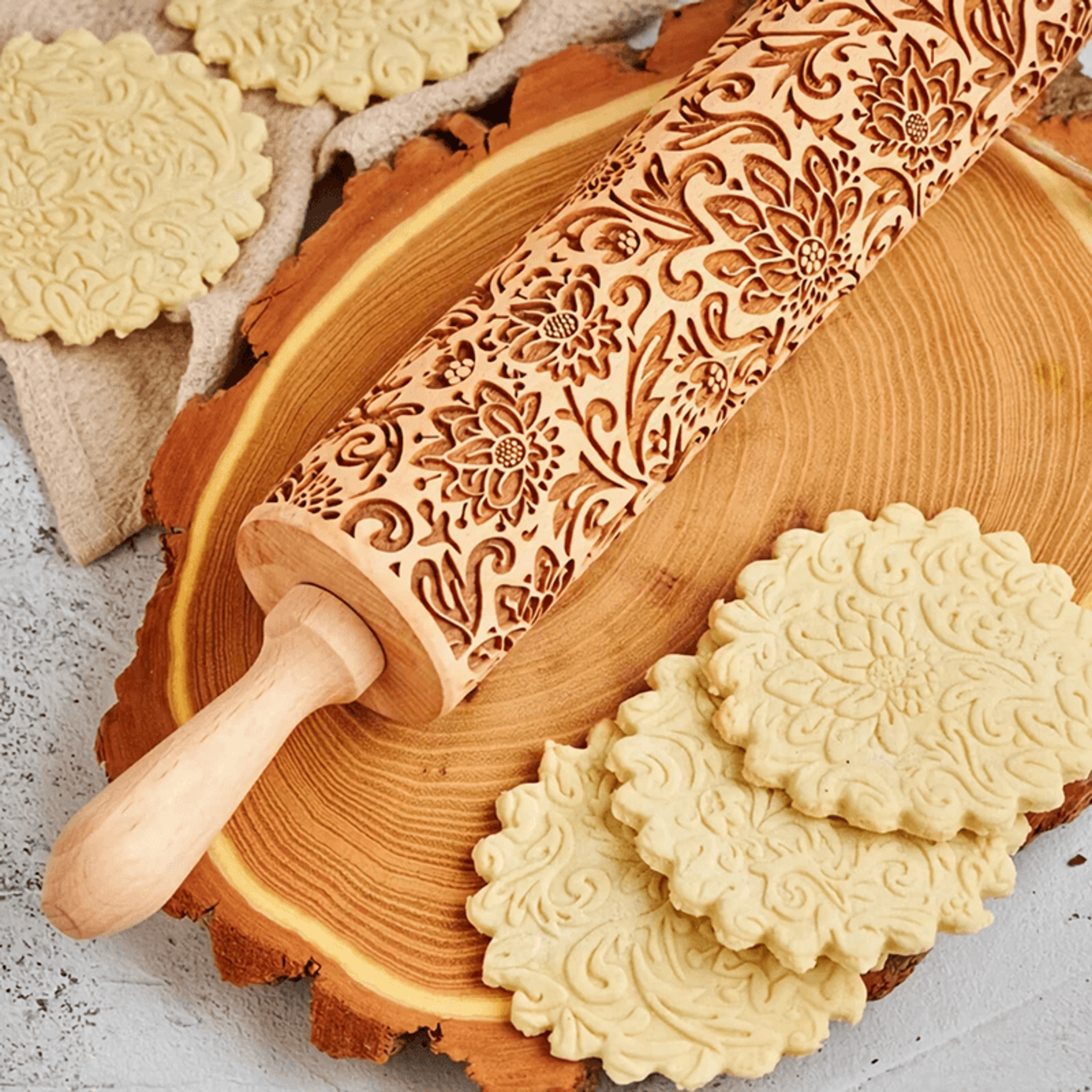 sunbloom engraved wooden rolling pin for cookies and pastry designs