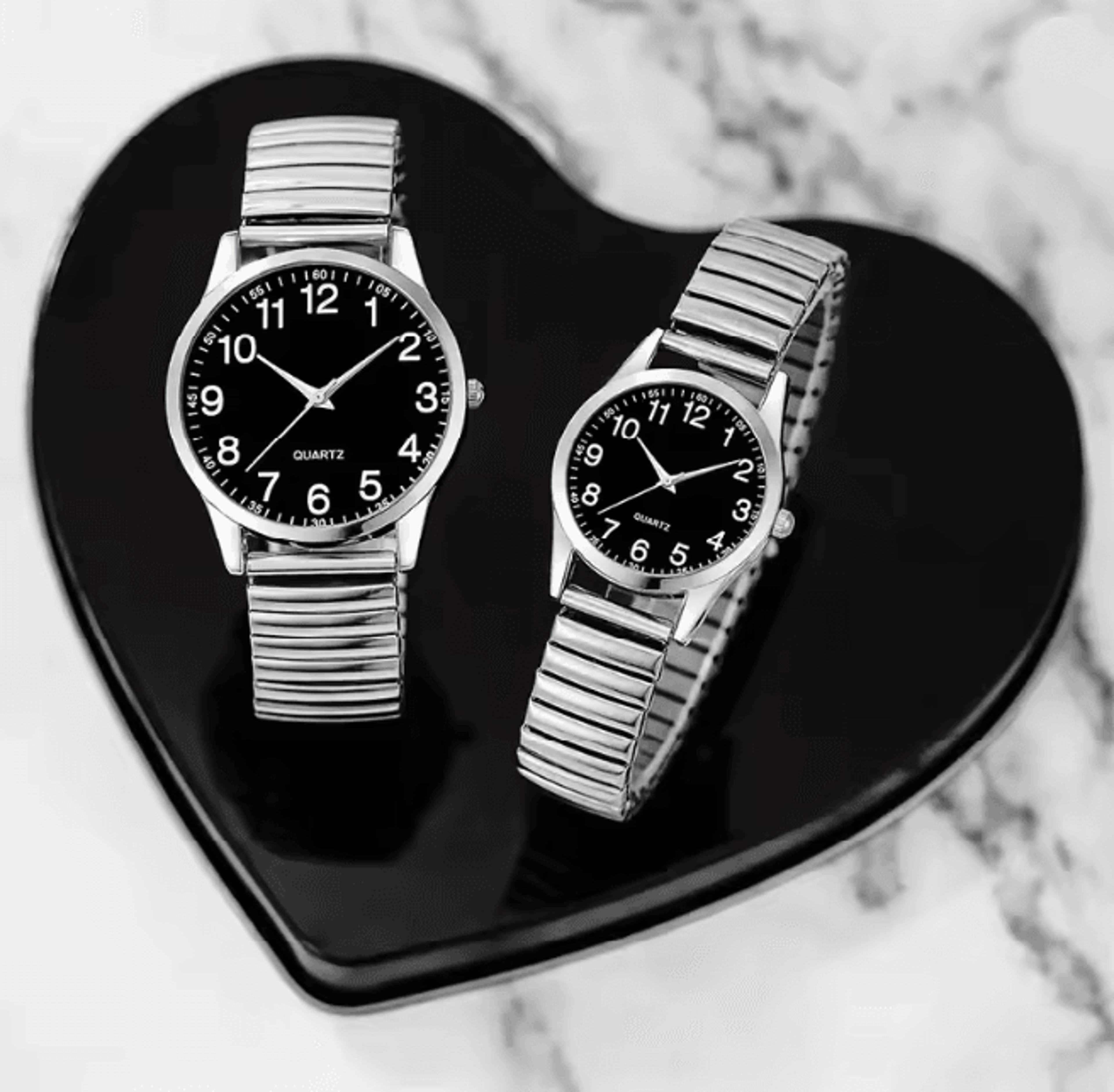 couple quartz watch set black arabic dial elastic band