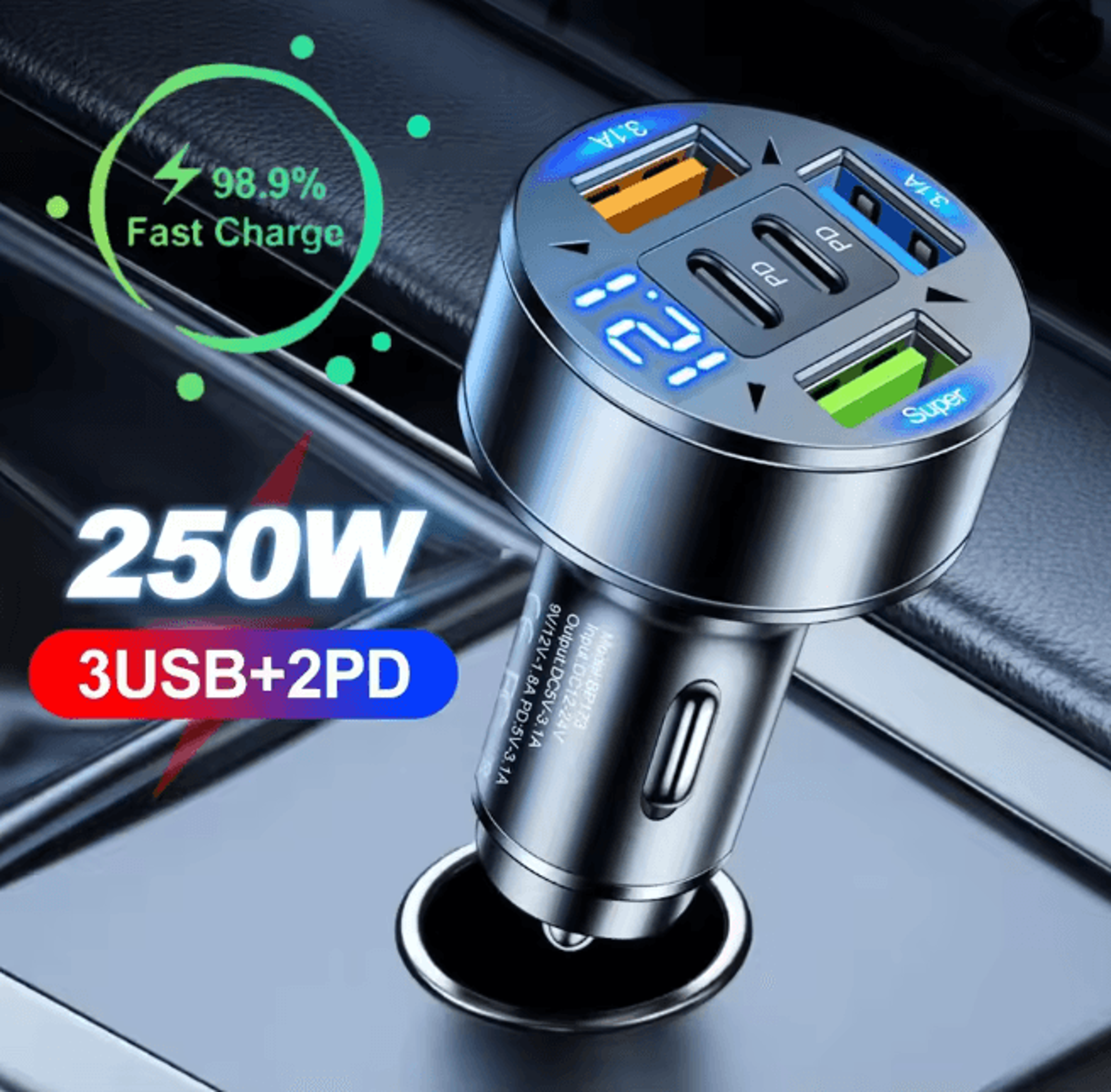 powerdrive 250w fast charging car charger 5 port usb c adapter