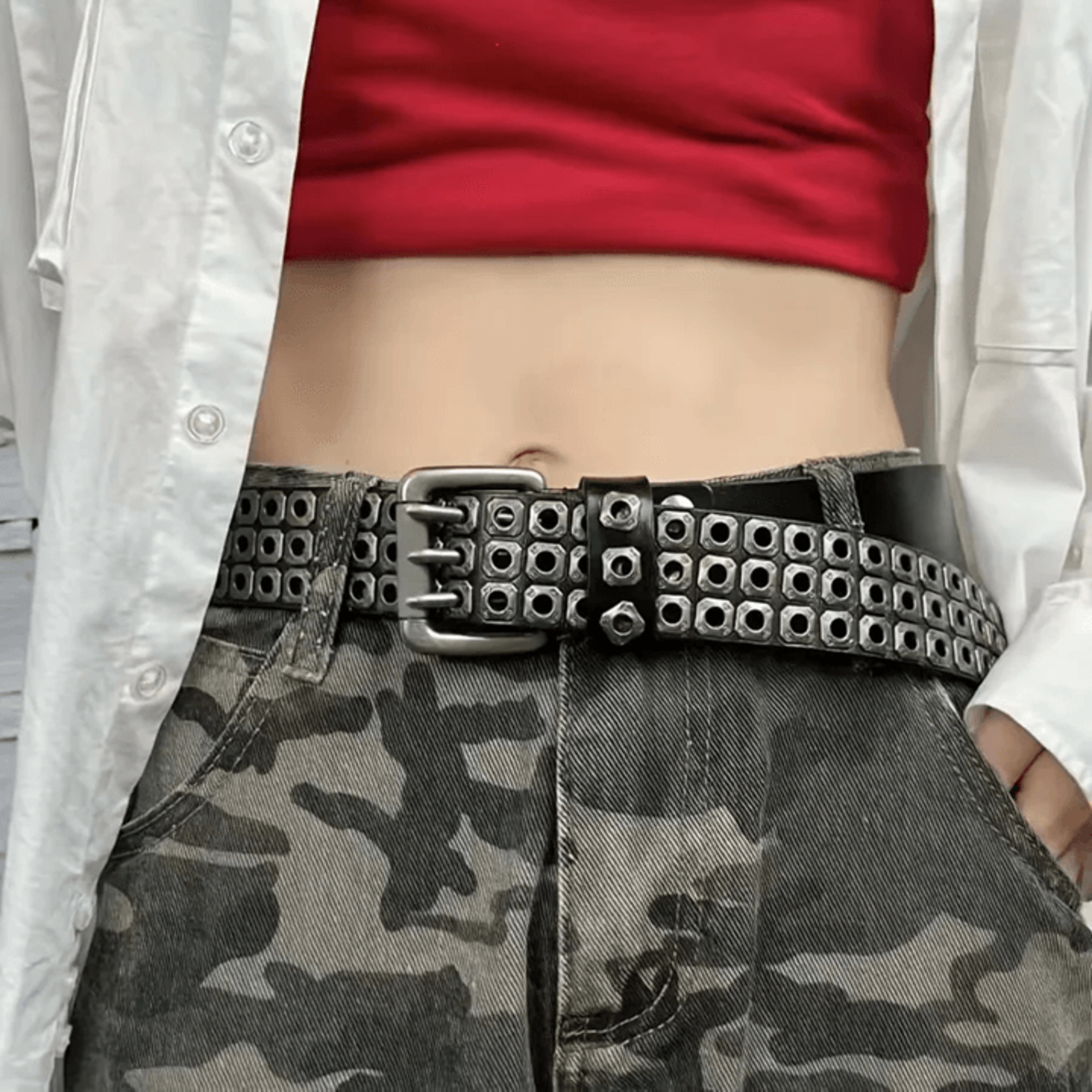 unisex punk studded street belt square bead design