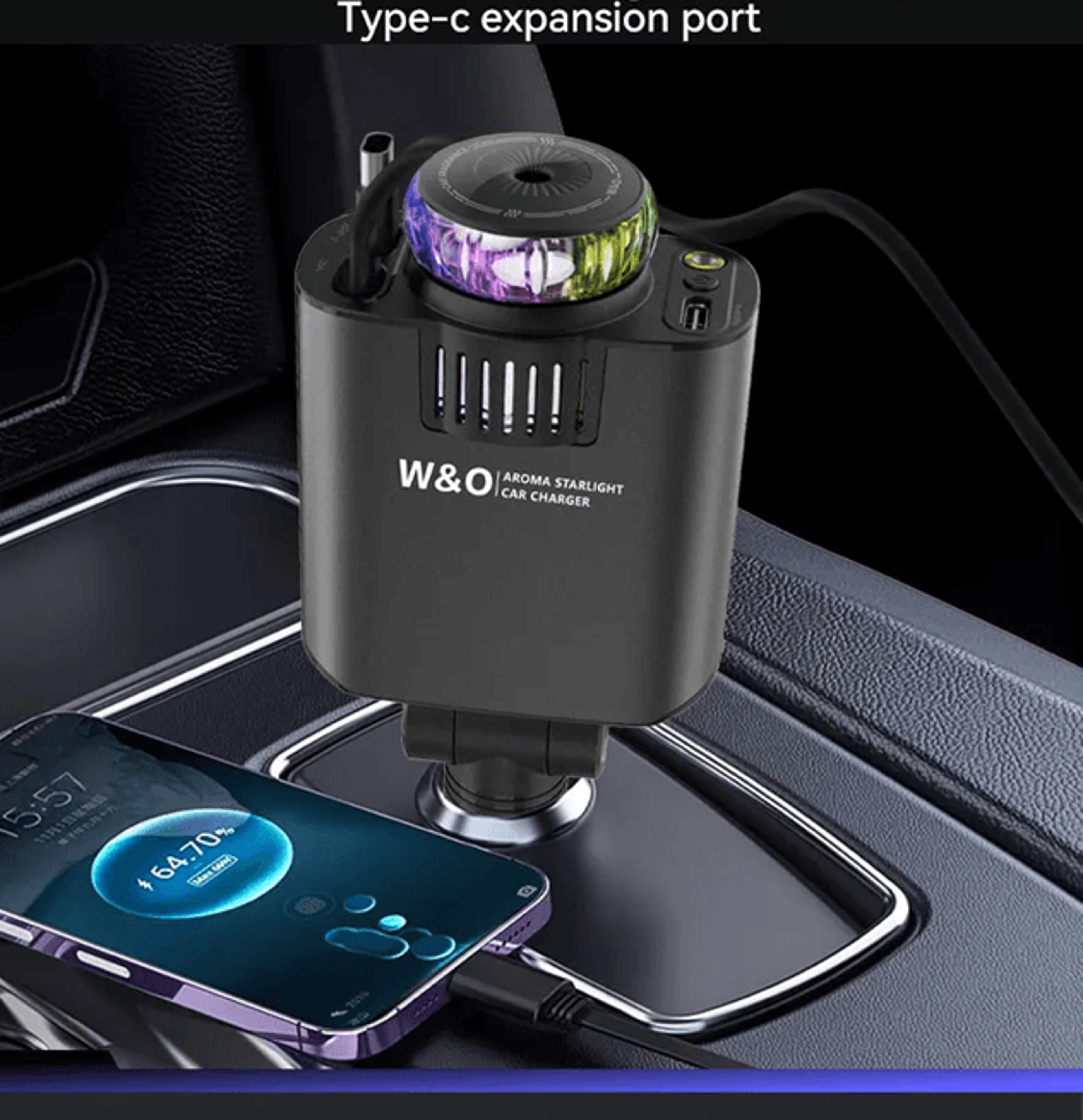 5 In 1 PD45W Car Fast Charger Retractable USB C Power Adapter With Ambient Light 1