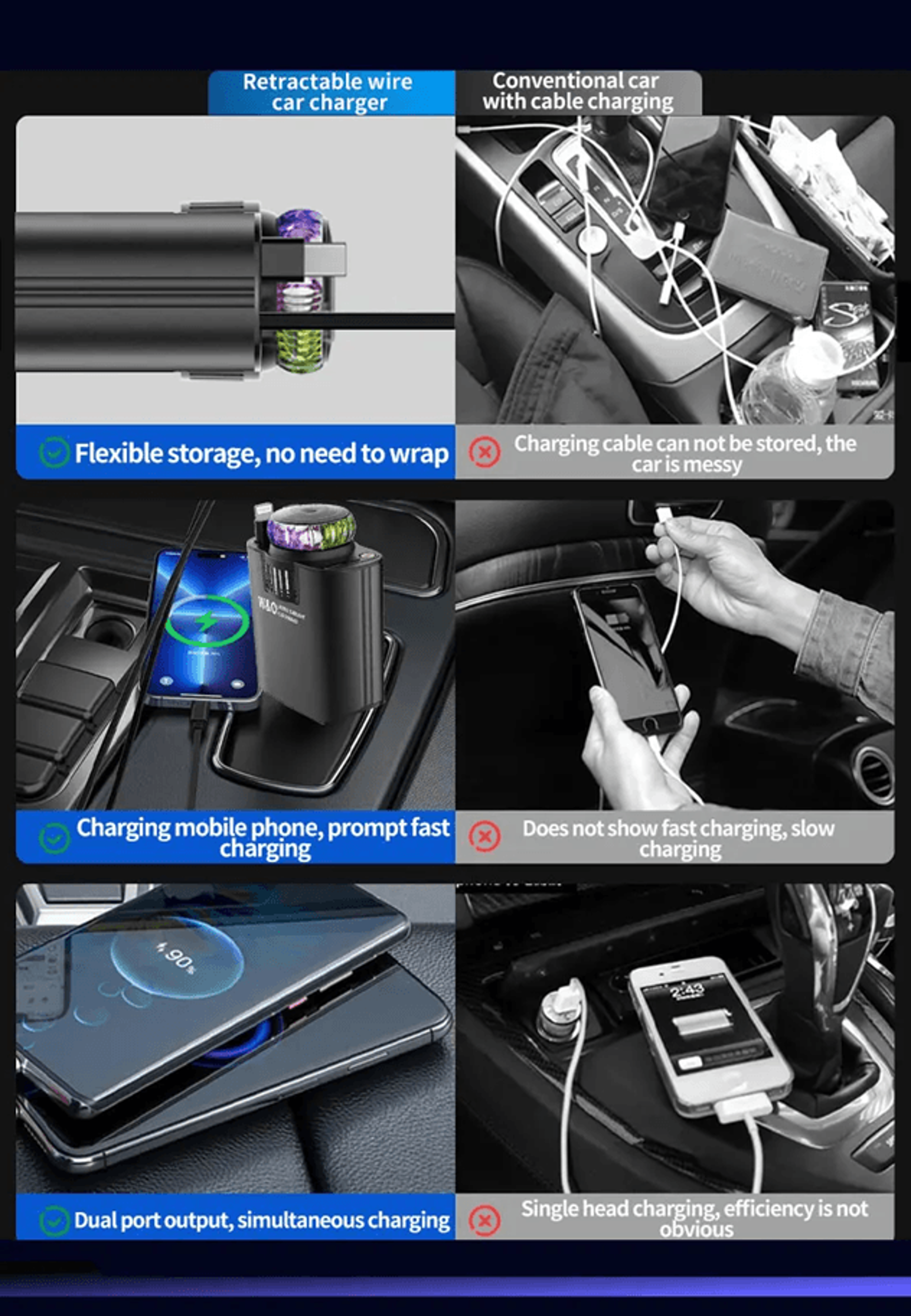5 In 1 PD45W Car Fast Charger Retractable USB C Power Adapter With Ambient Light 3