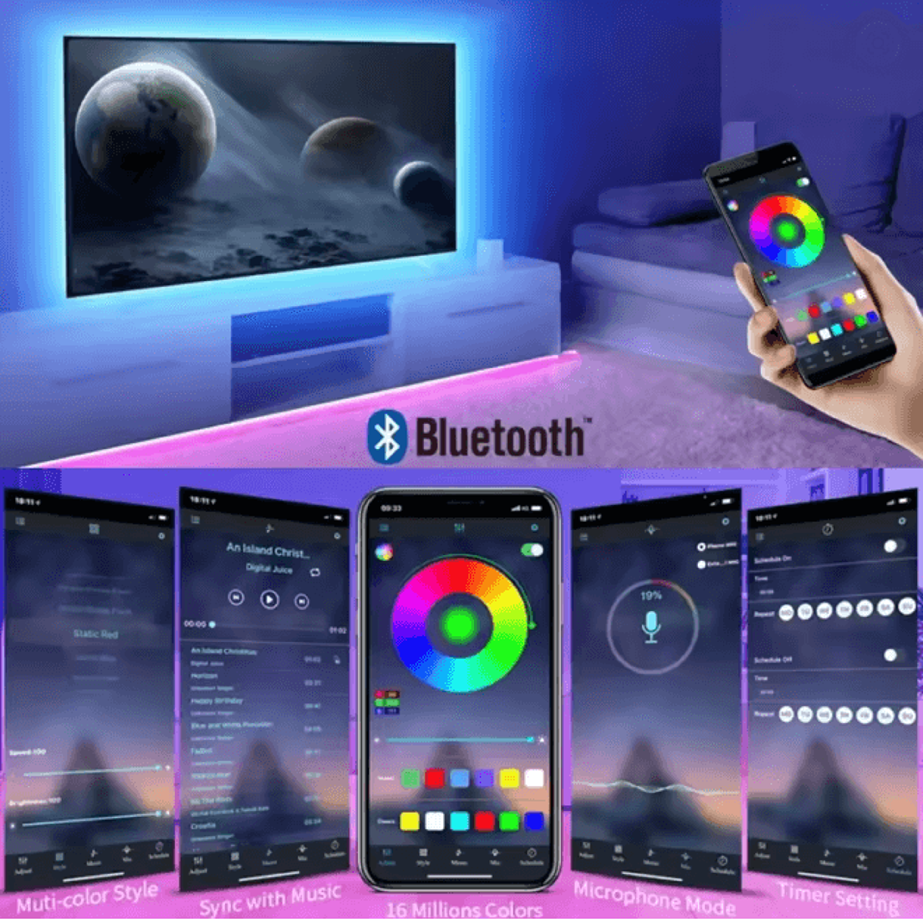 RGB LED Strip Lights USB Bluetooth Remote Color Changing Light Tape 1