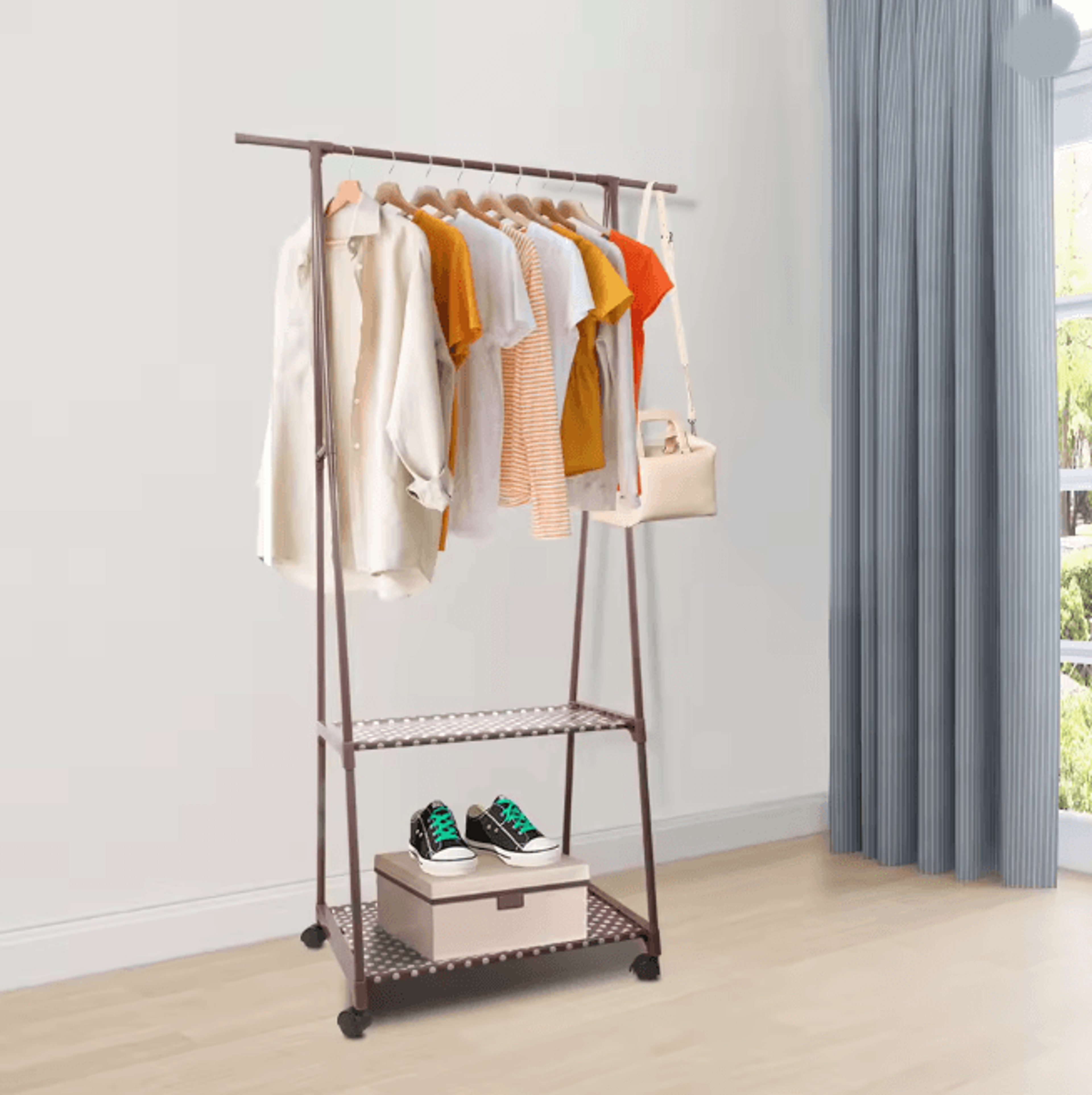 Rolling Clothes Rack With Shelves Stainless Steel Garment Organizer With Wheels 4
