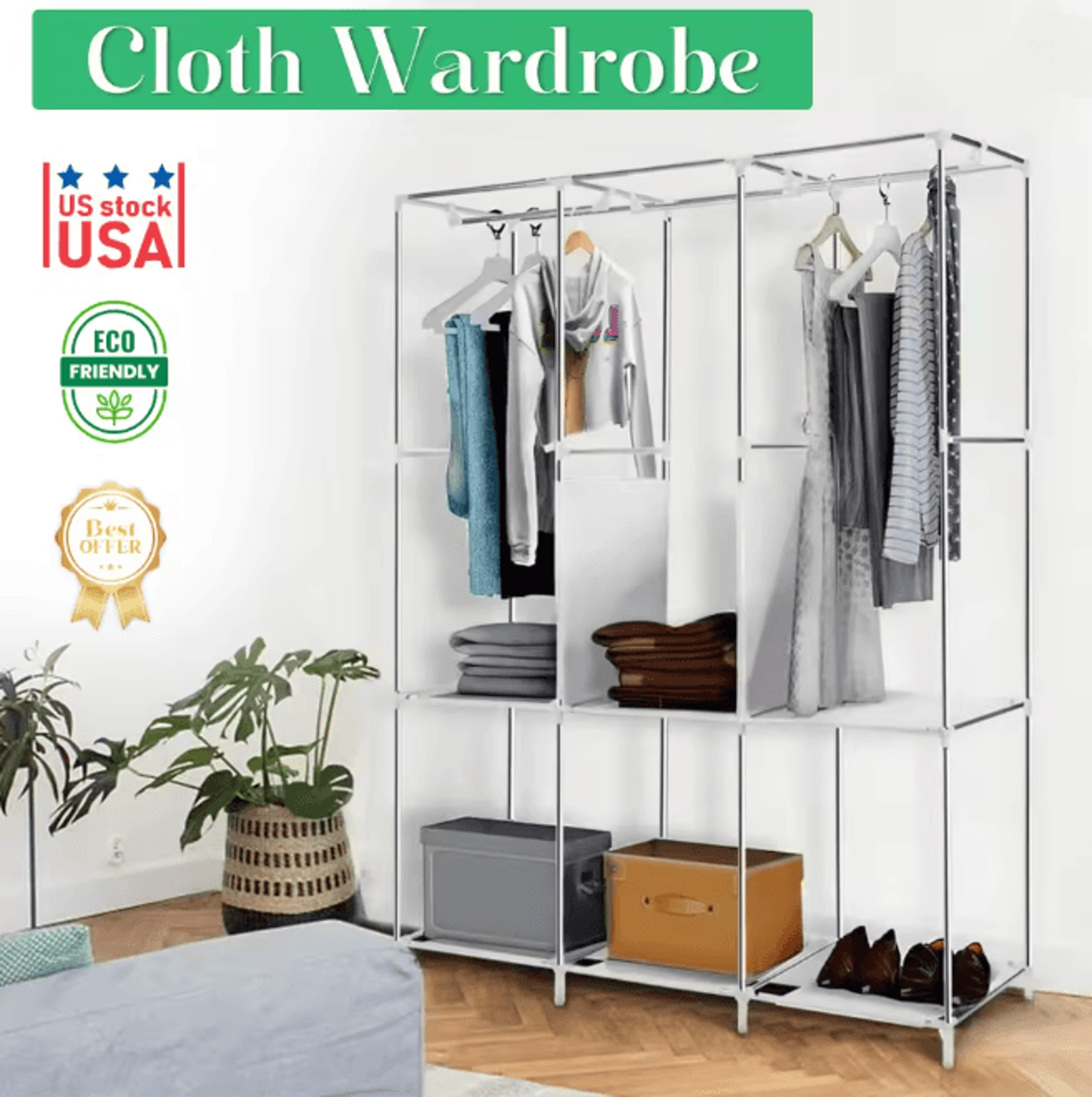 Portable Closet Wardrobe Organizer Storage Rack With Fabric Cover 1