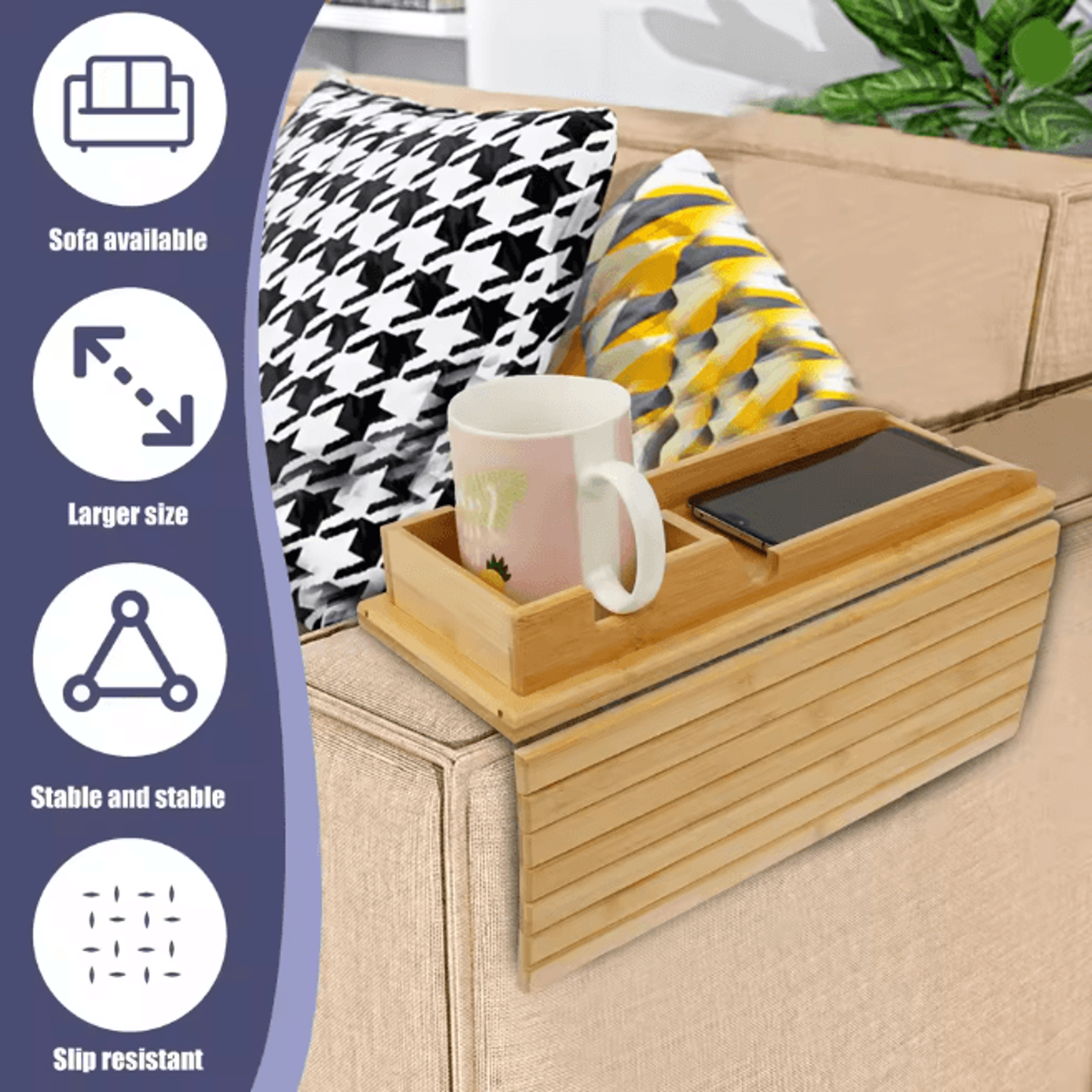 BambooGrip Couch Cup Holder Sofa Armrest Tray Anti Slip Foldable Organizer 2