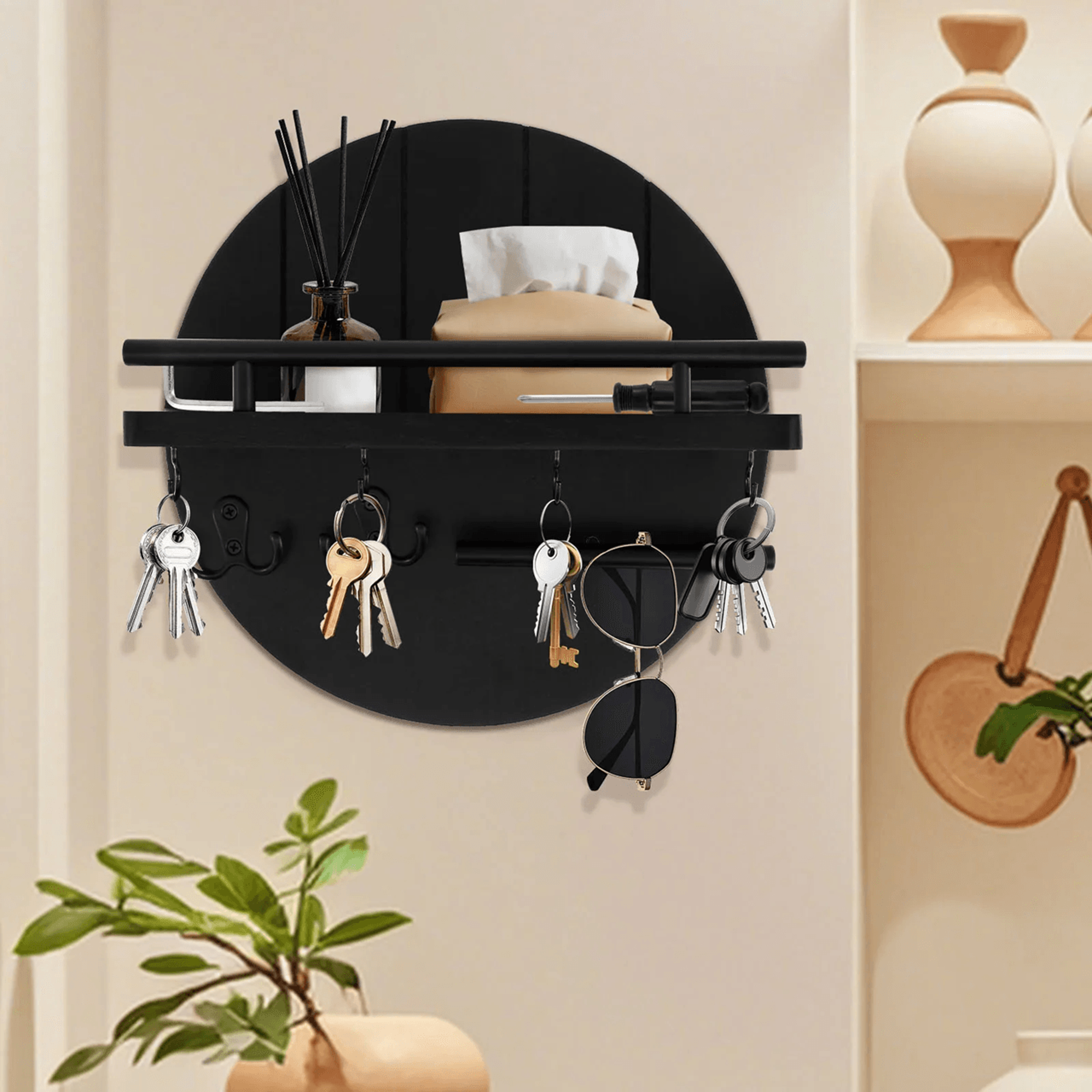 rustic wooden wall key organizer shelf with hooks and mail storage