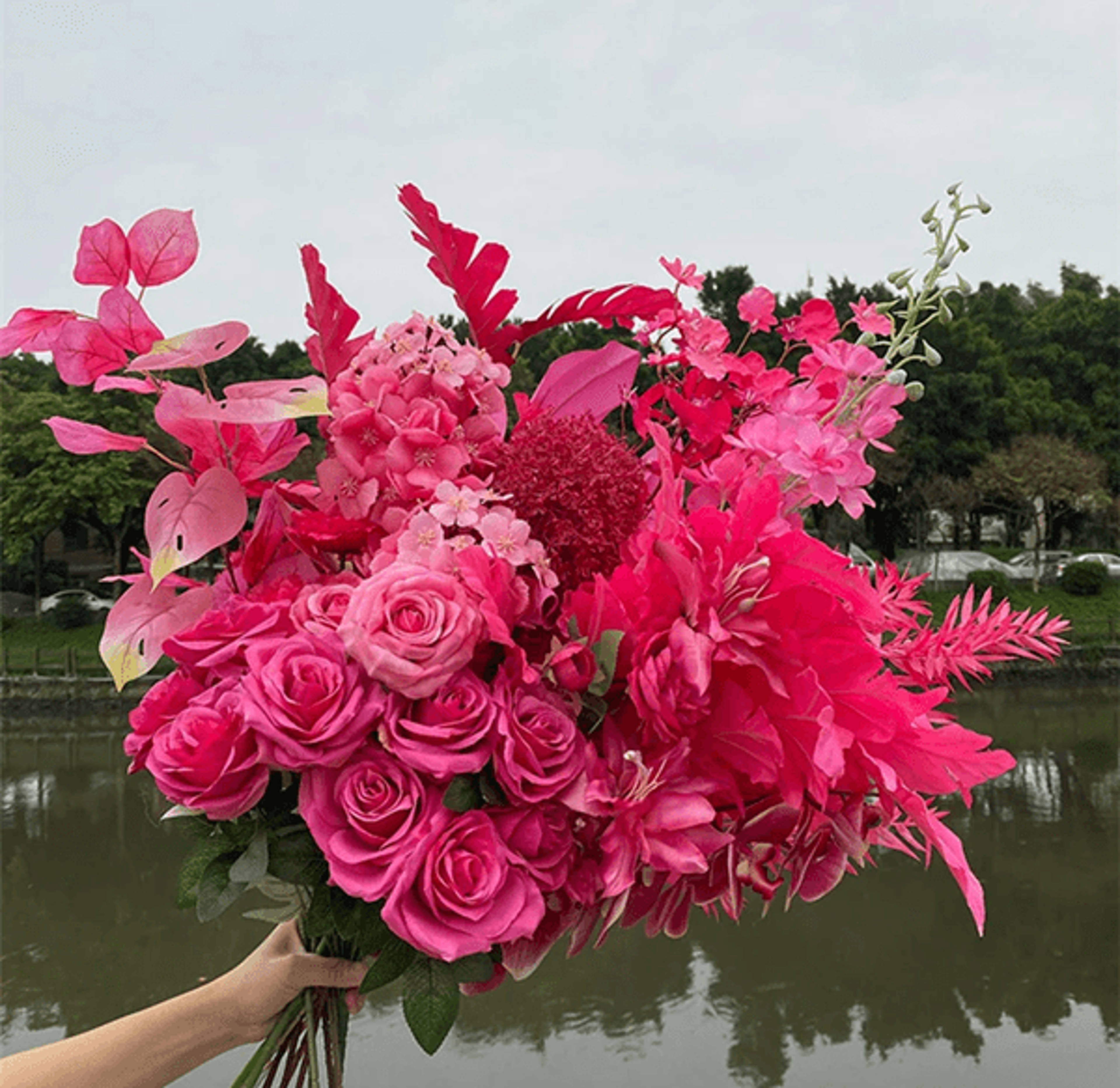Hot Pink Artificial Rose And Hydrangea Wedding Floral Arrangement Set 1