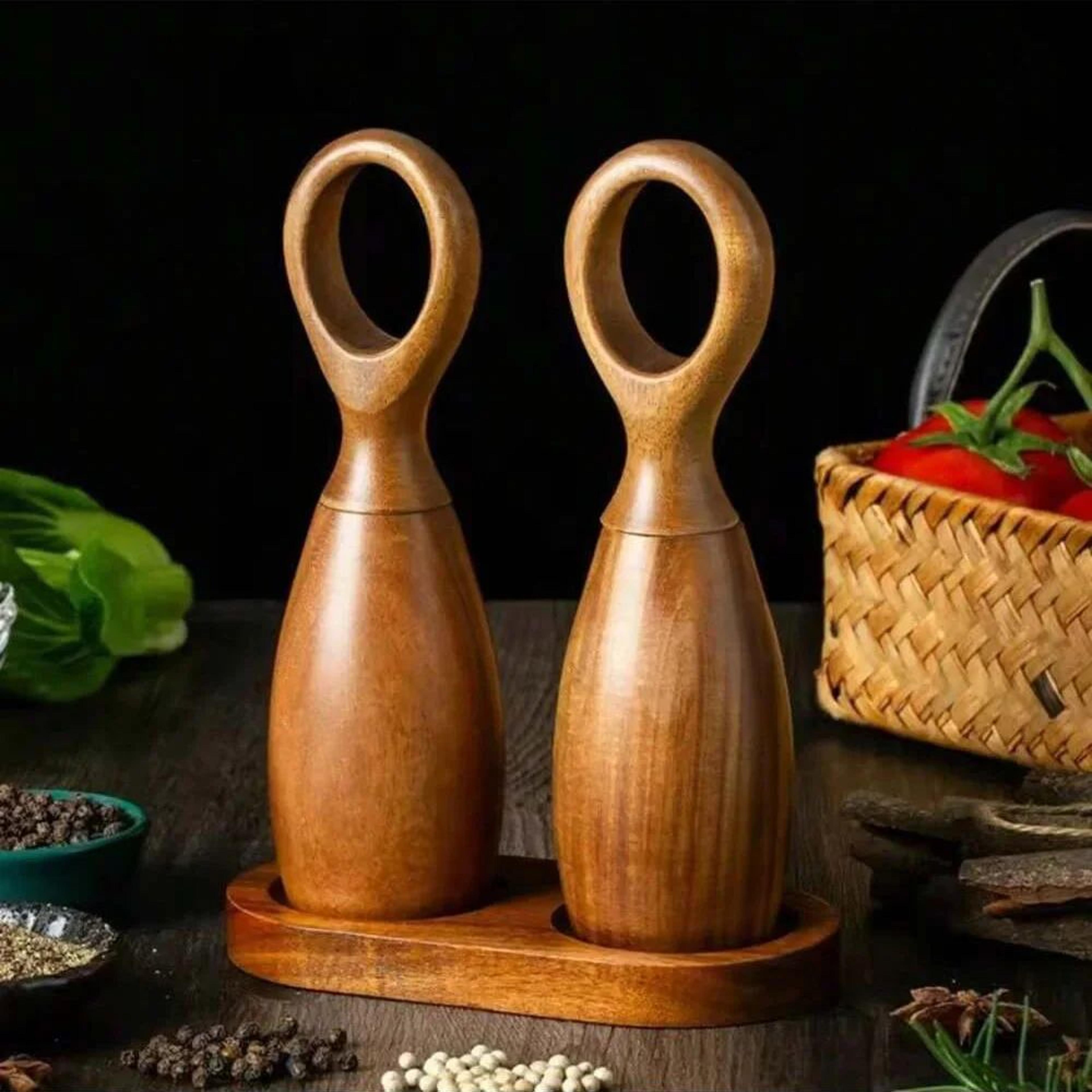 wooden salt and pepper grinder set with adjustable ceramic core and storage rack