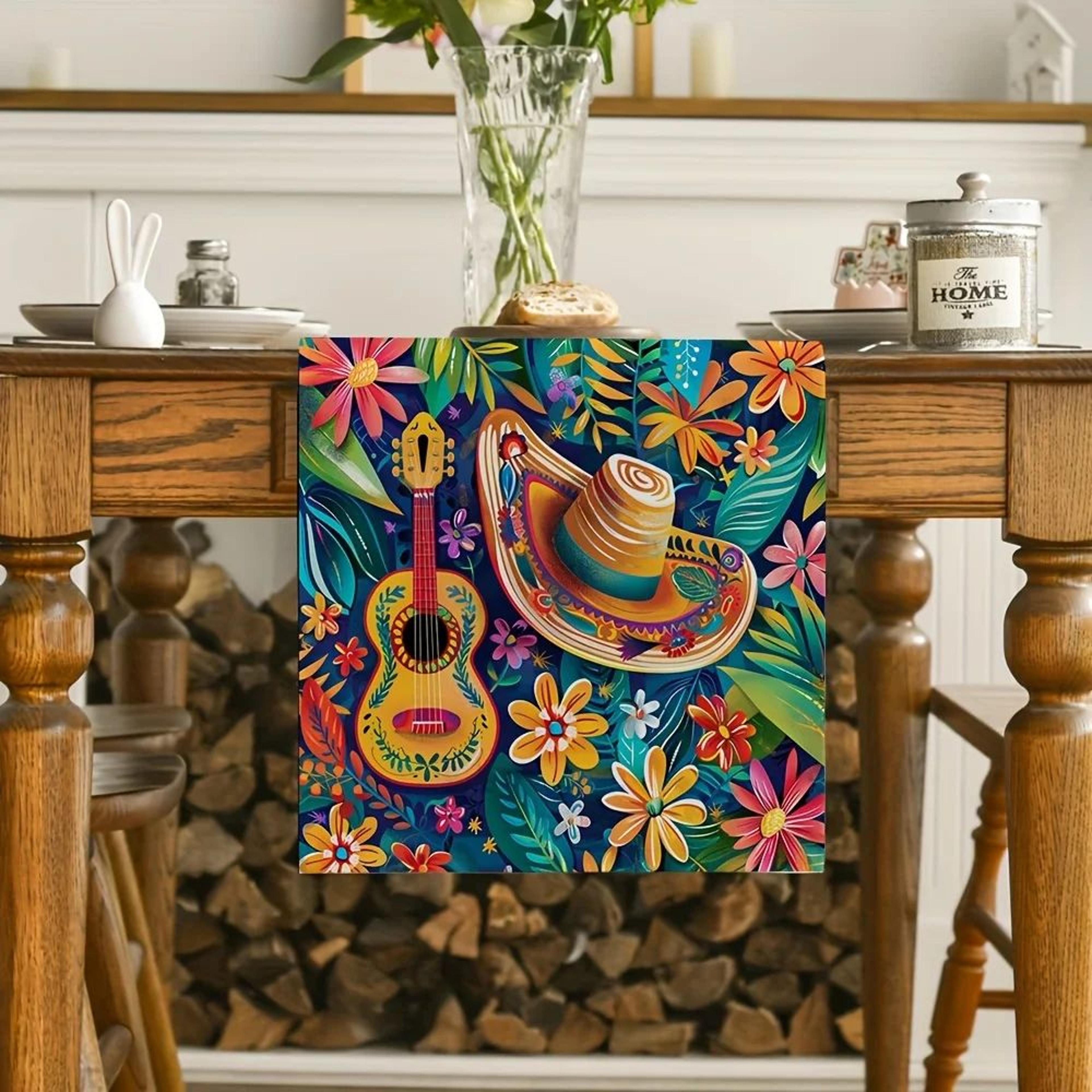 Mexican Style Table Runner Colorful Cactus Floral Linen Dining Decor 1
