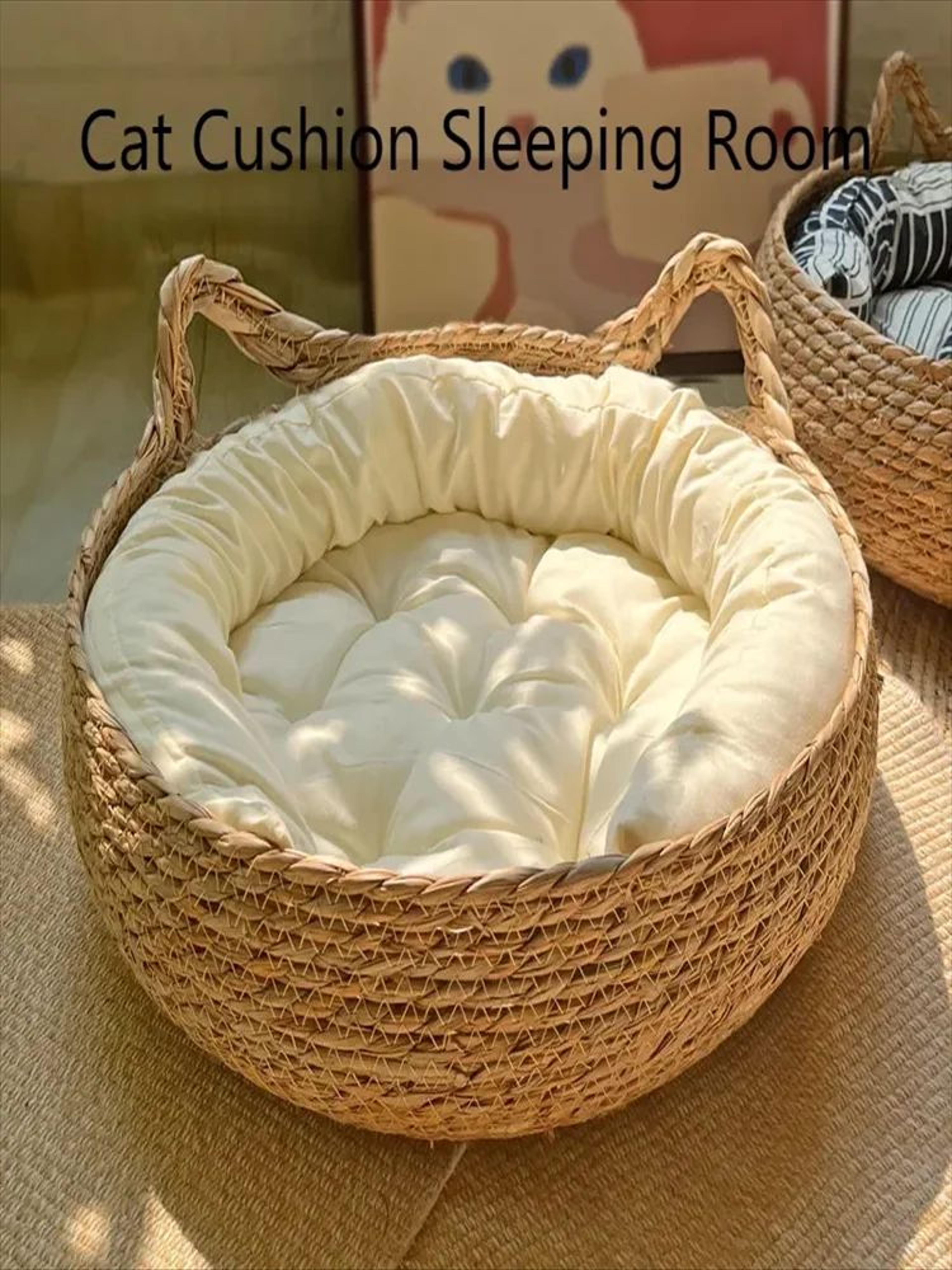 Handwoven Rattan Cat Bed Cozy All Season Pet Nest With Washable Cushion 2