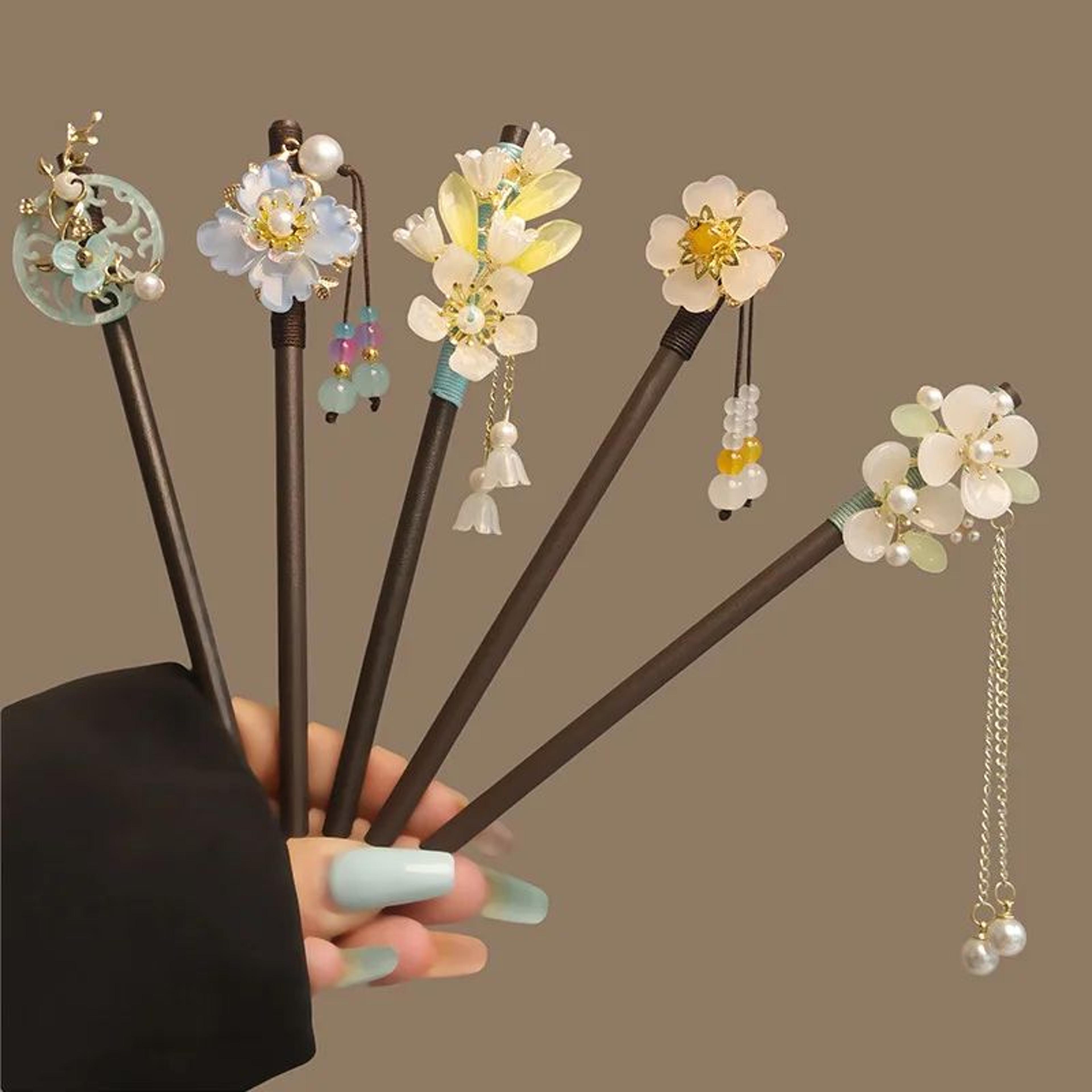 floral pearl tassel wooden hair stick