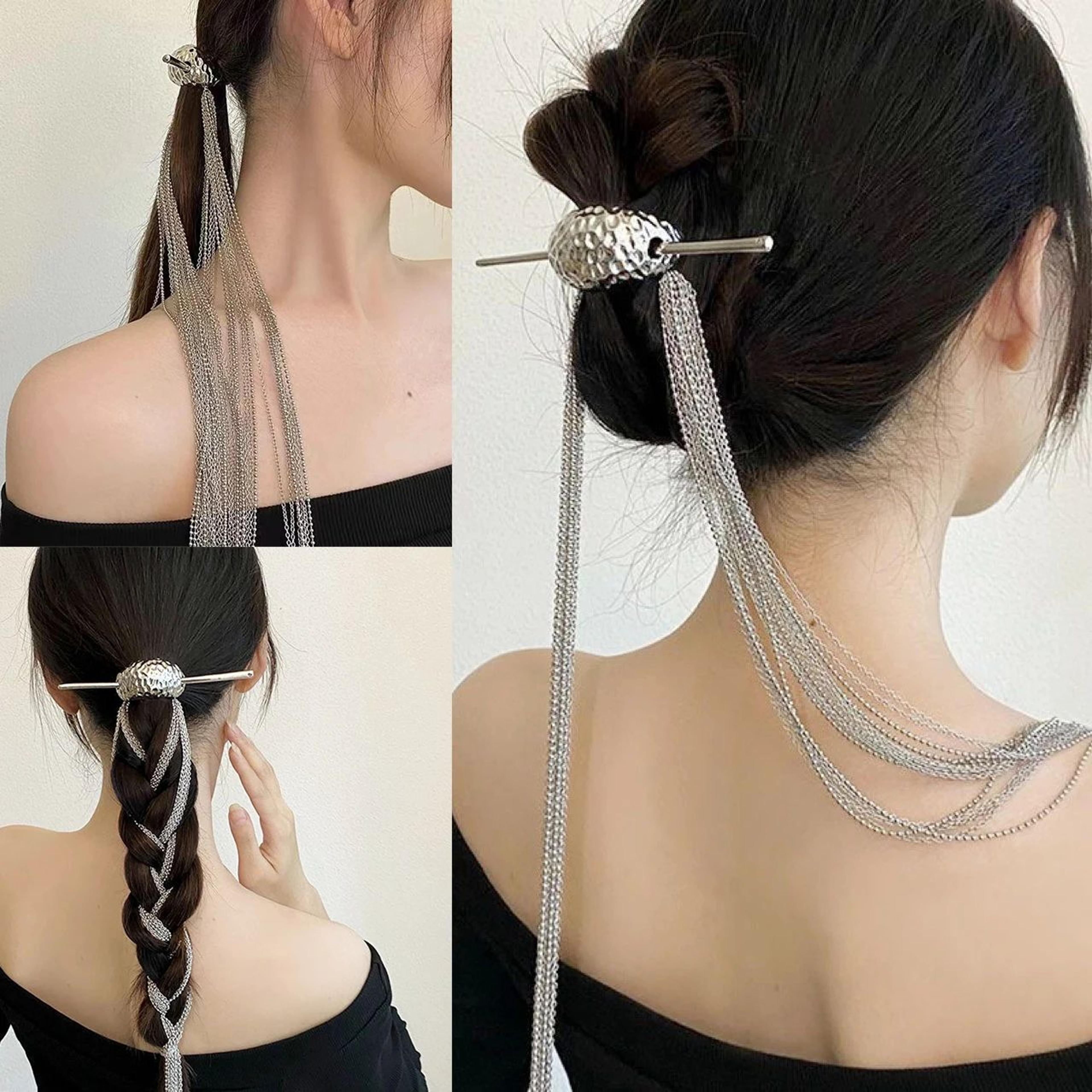 silver tassel chain hair stick