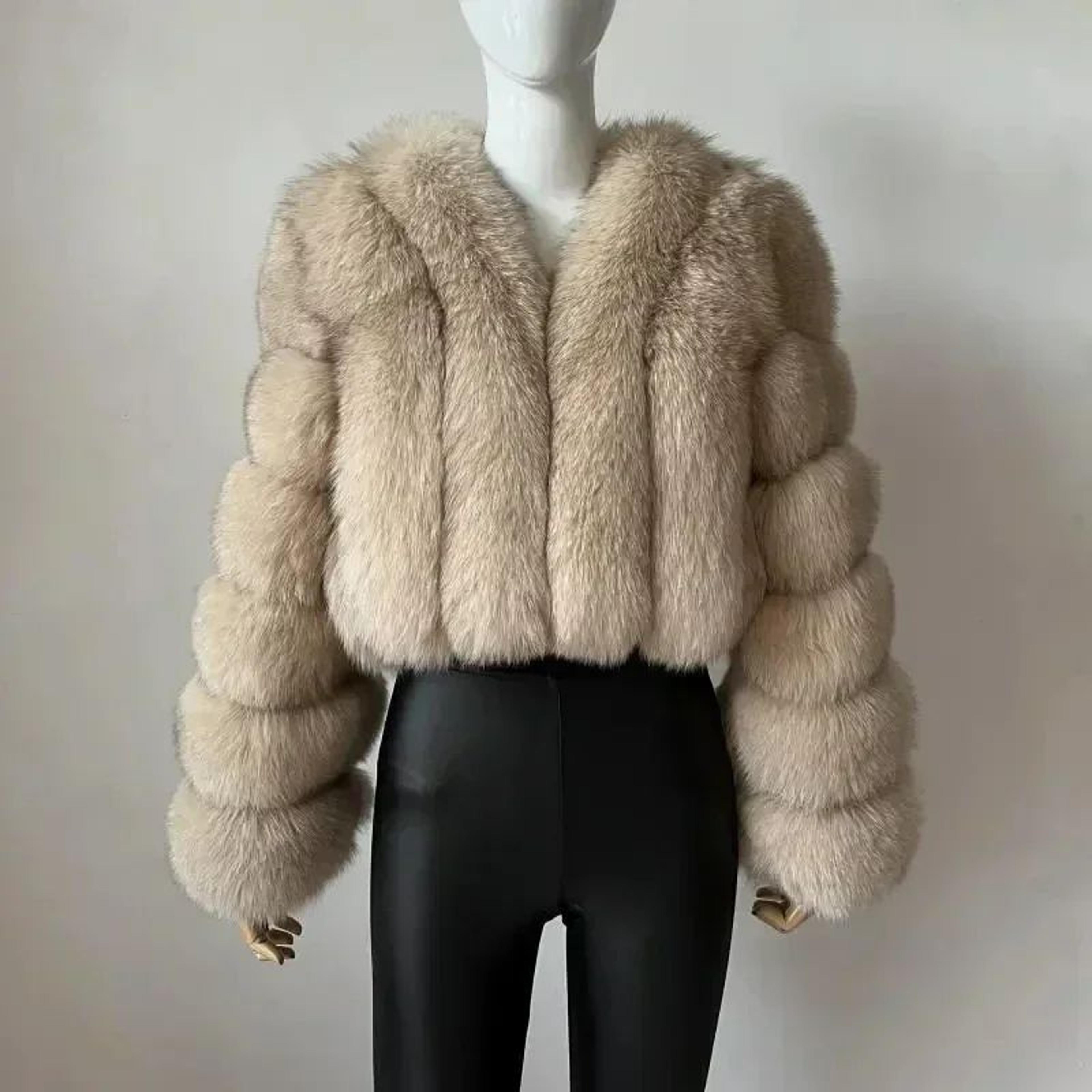 women's elegant v-neck faux fox fur coat