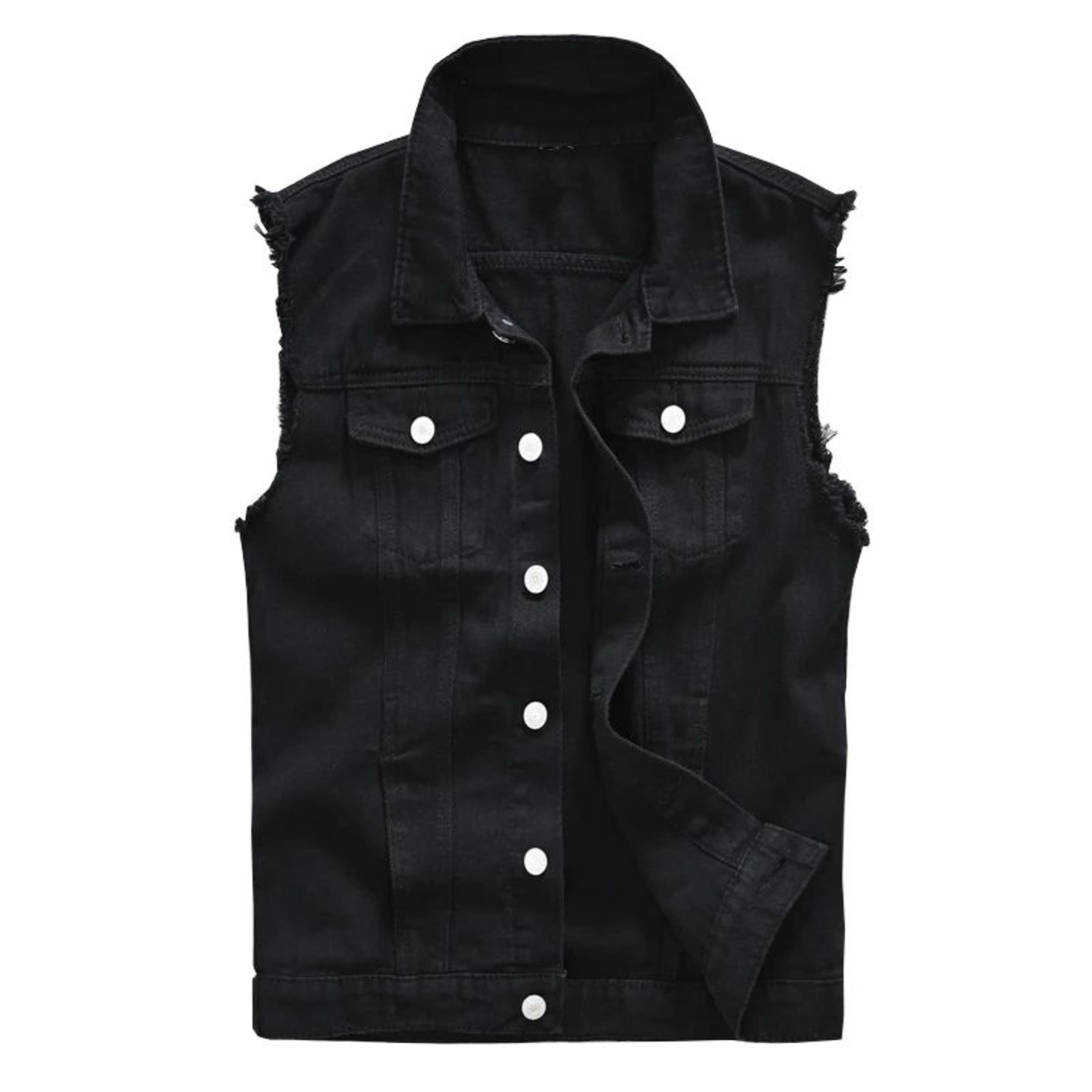 men's black slim fit fringe denim vest