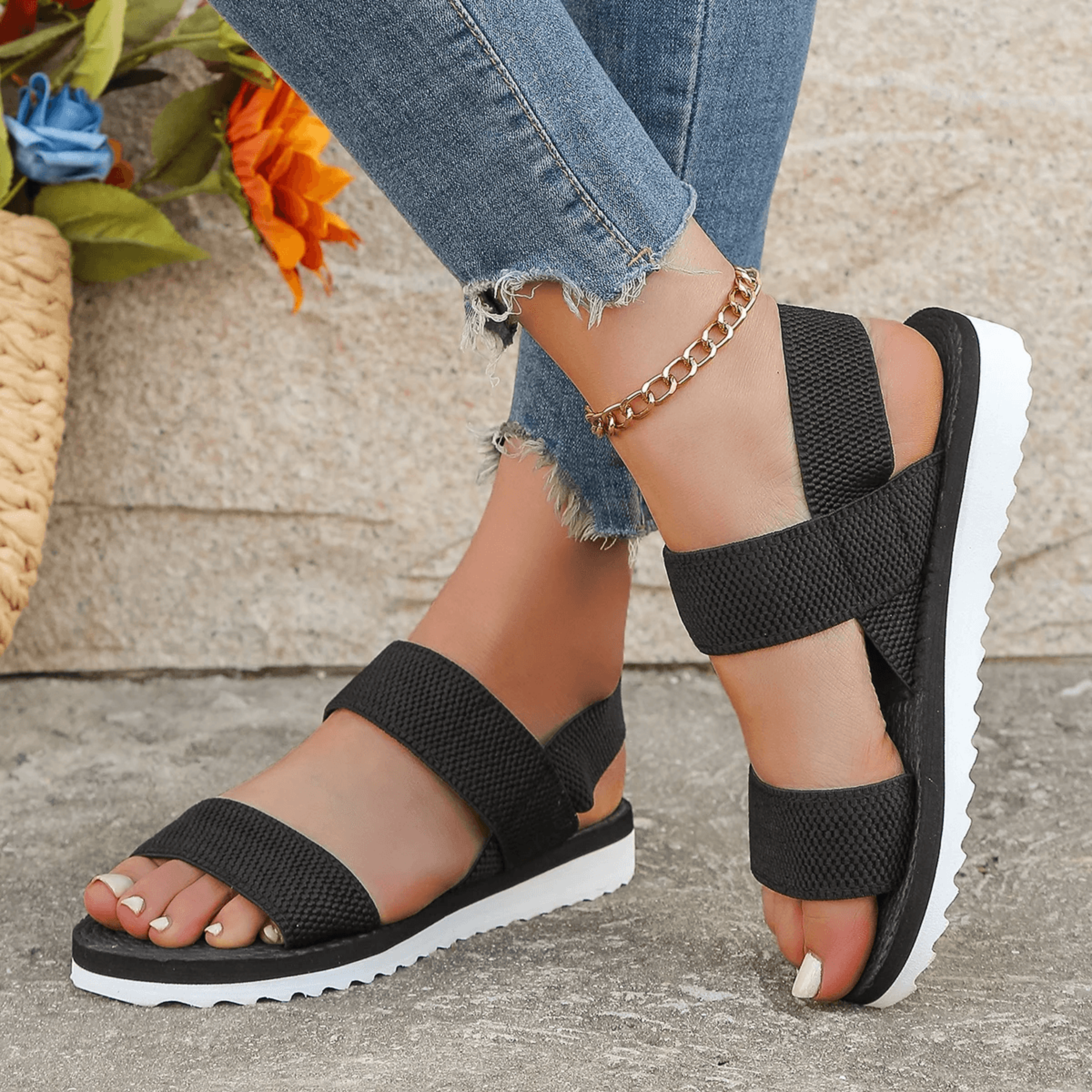 women black lace up flat sandals with anti slip sole and matching color design