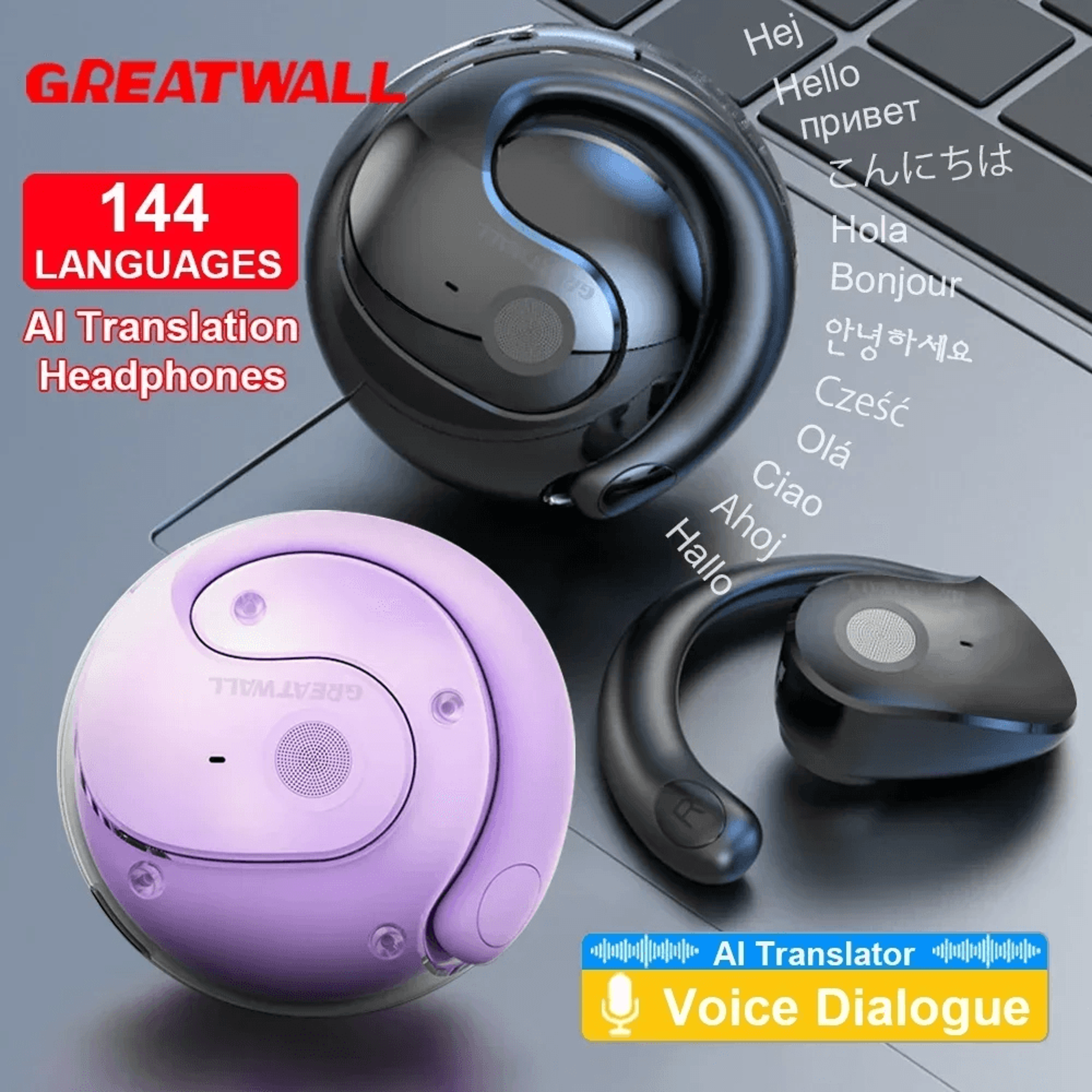 greatwall ai translator earbuds – real-time wireless bluetooth earphones with 144-language support
