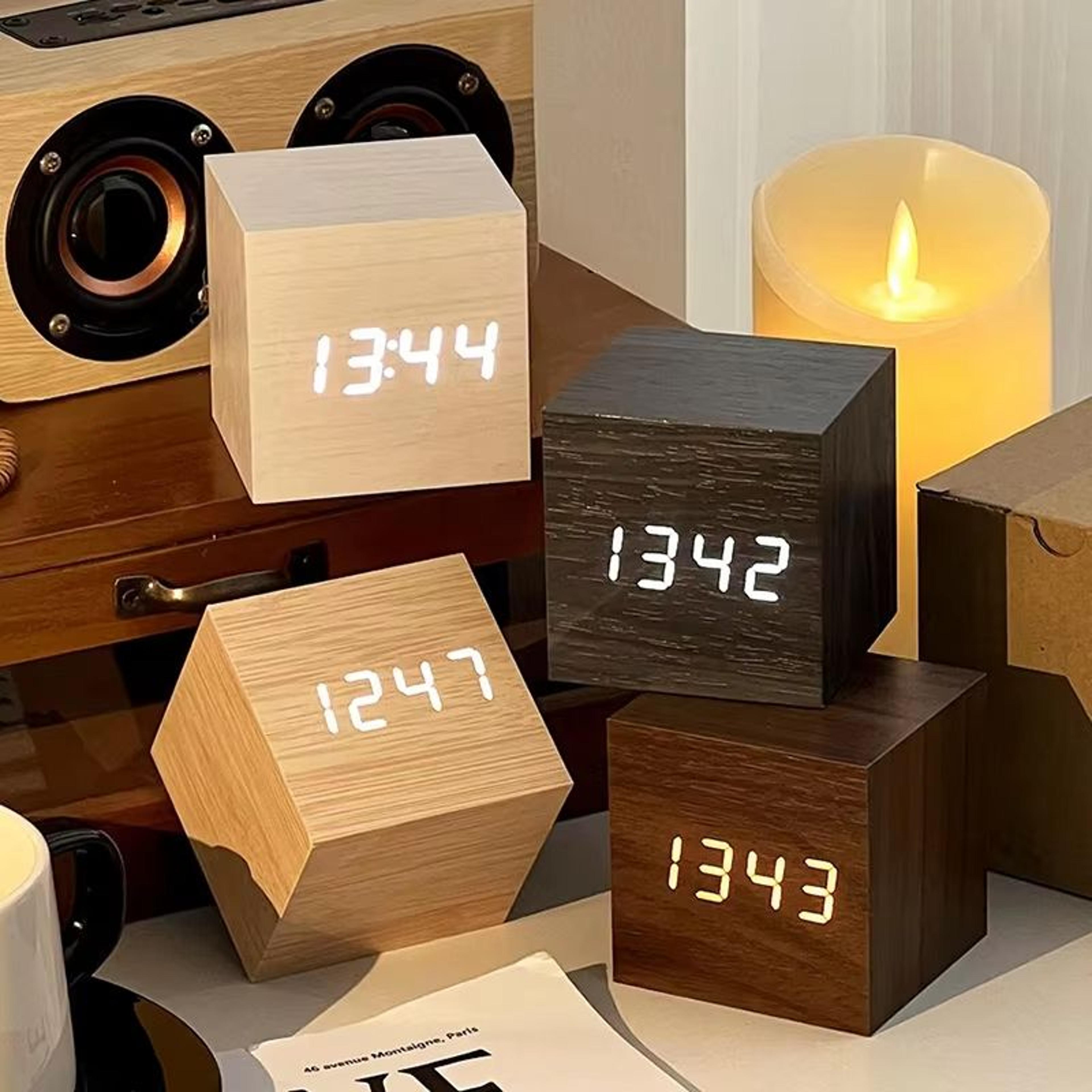 minimalist wooden led alarm clock – sound-activated display with temperature for bedroom or office decor