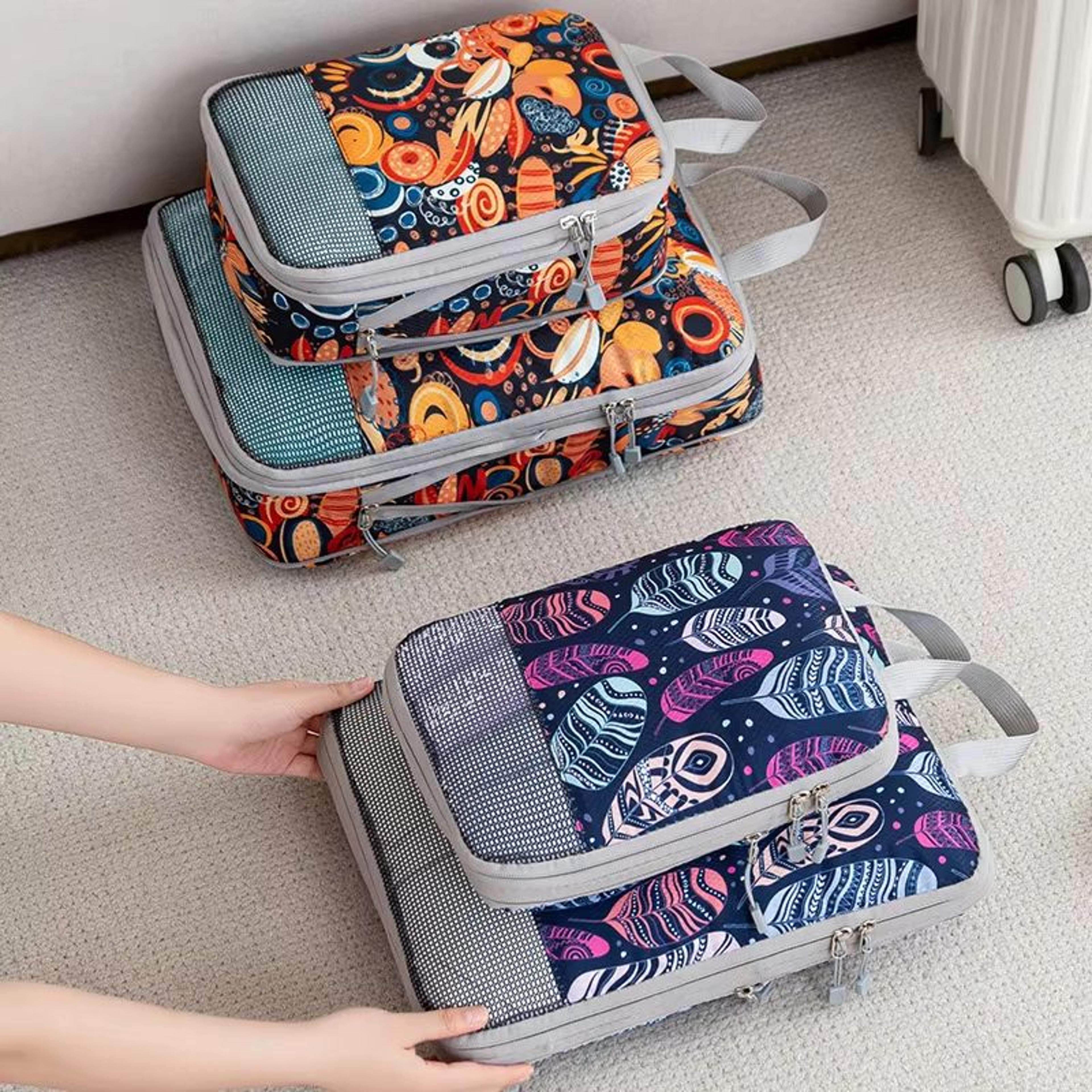 4 piece compression packing cubes set large capacity foldable expandable travel storage bags