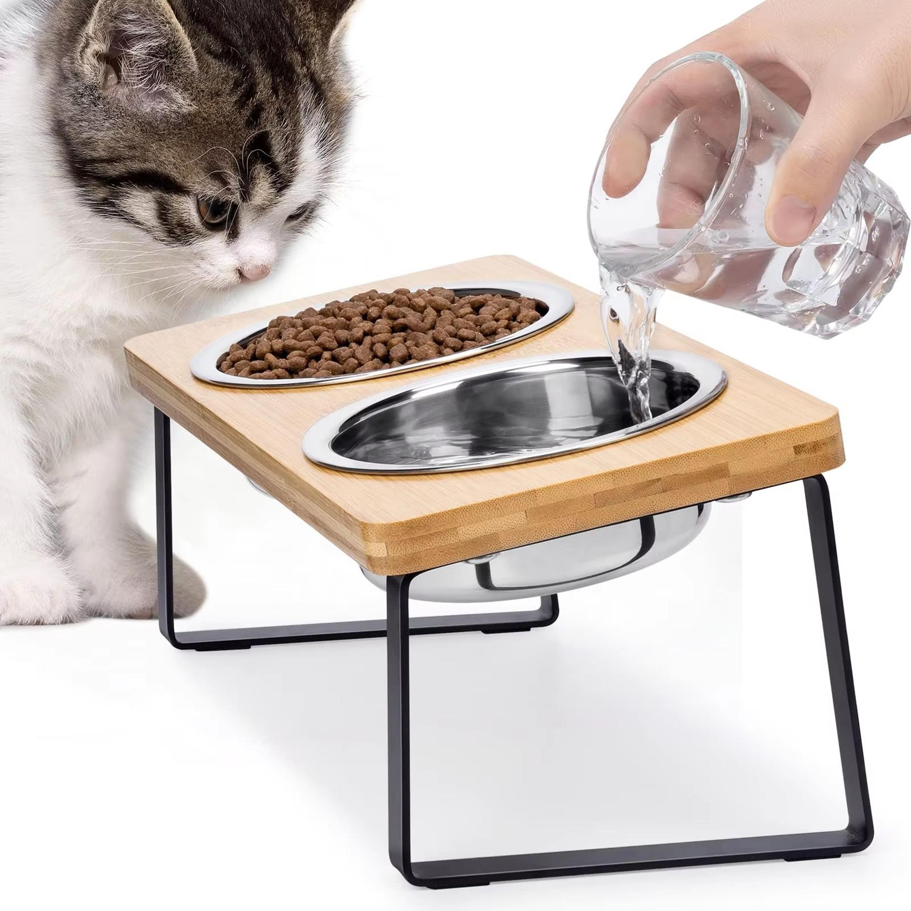 pawcomfort raised cat feeding station – 15° tilted elevated double bowls with wooden stand
