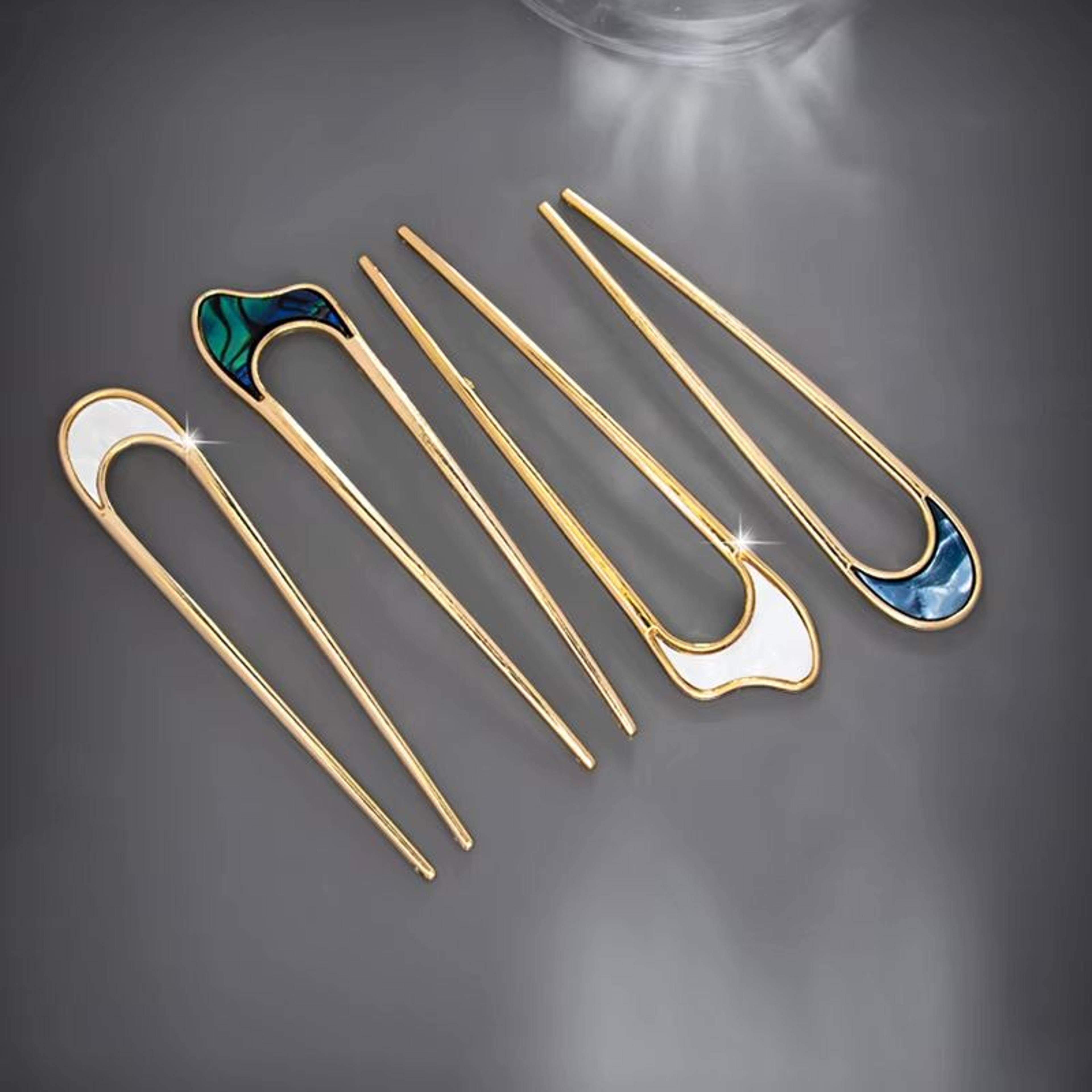 lunashell shell hairpin – silver & gold enamel u shape hair stick for women