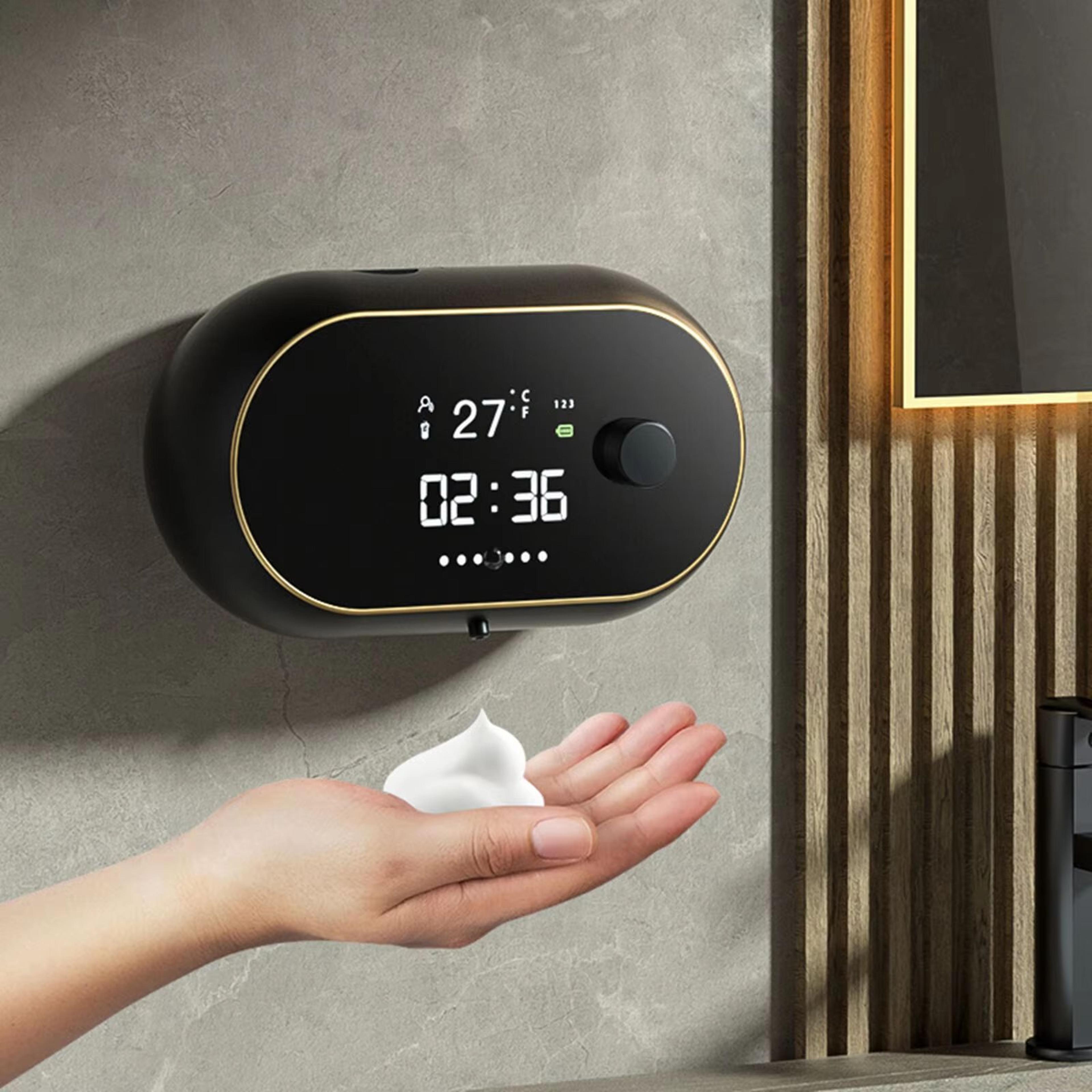 smartdisplay usb-rechargeable infrared touchless soap & sanitiser dispenser – led temperature display wall-mount foam/li