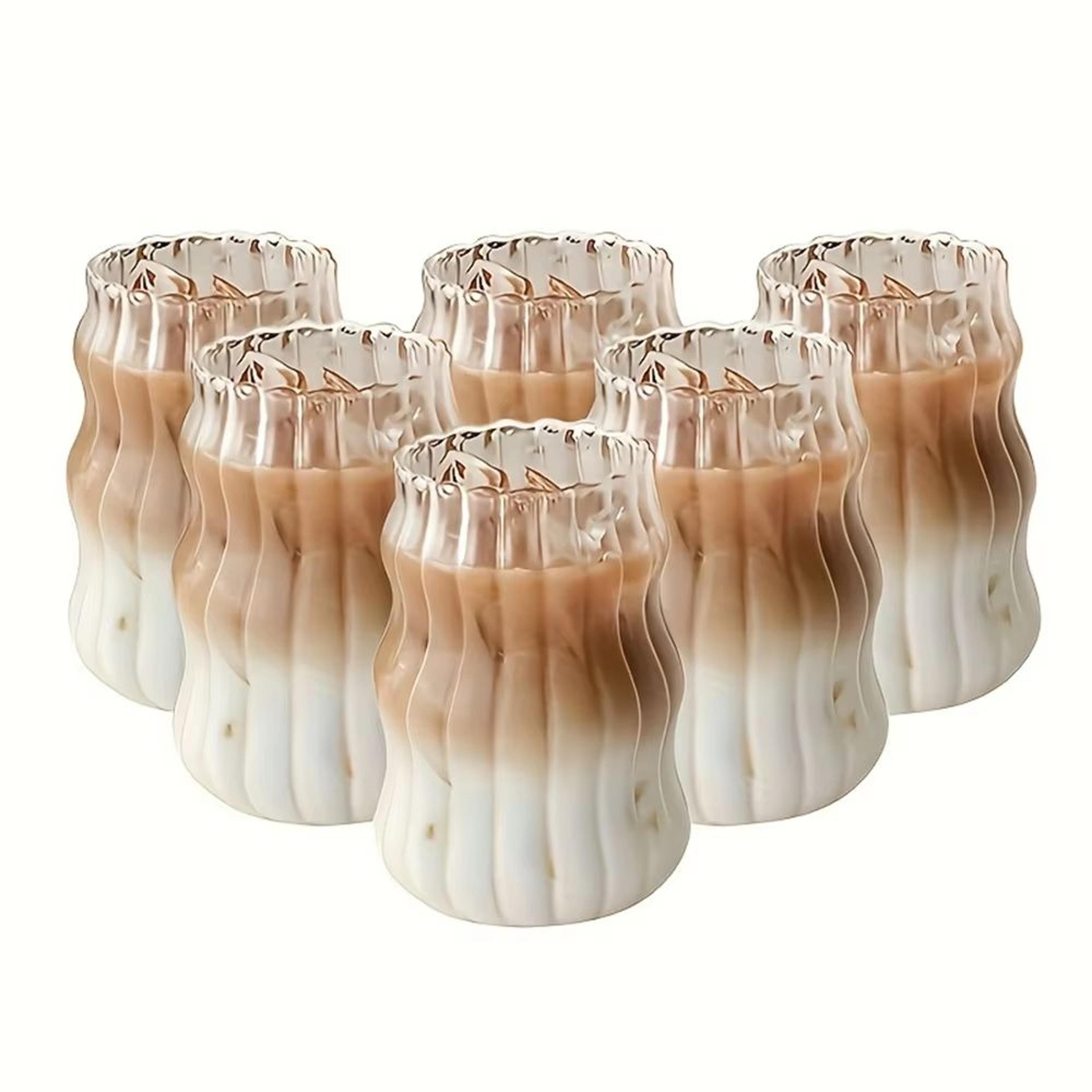 stripe clear glass cup set with handle – heat-resistant tumbler for iced coffee, juice, milk & tea (4 or 6 pc)