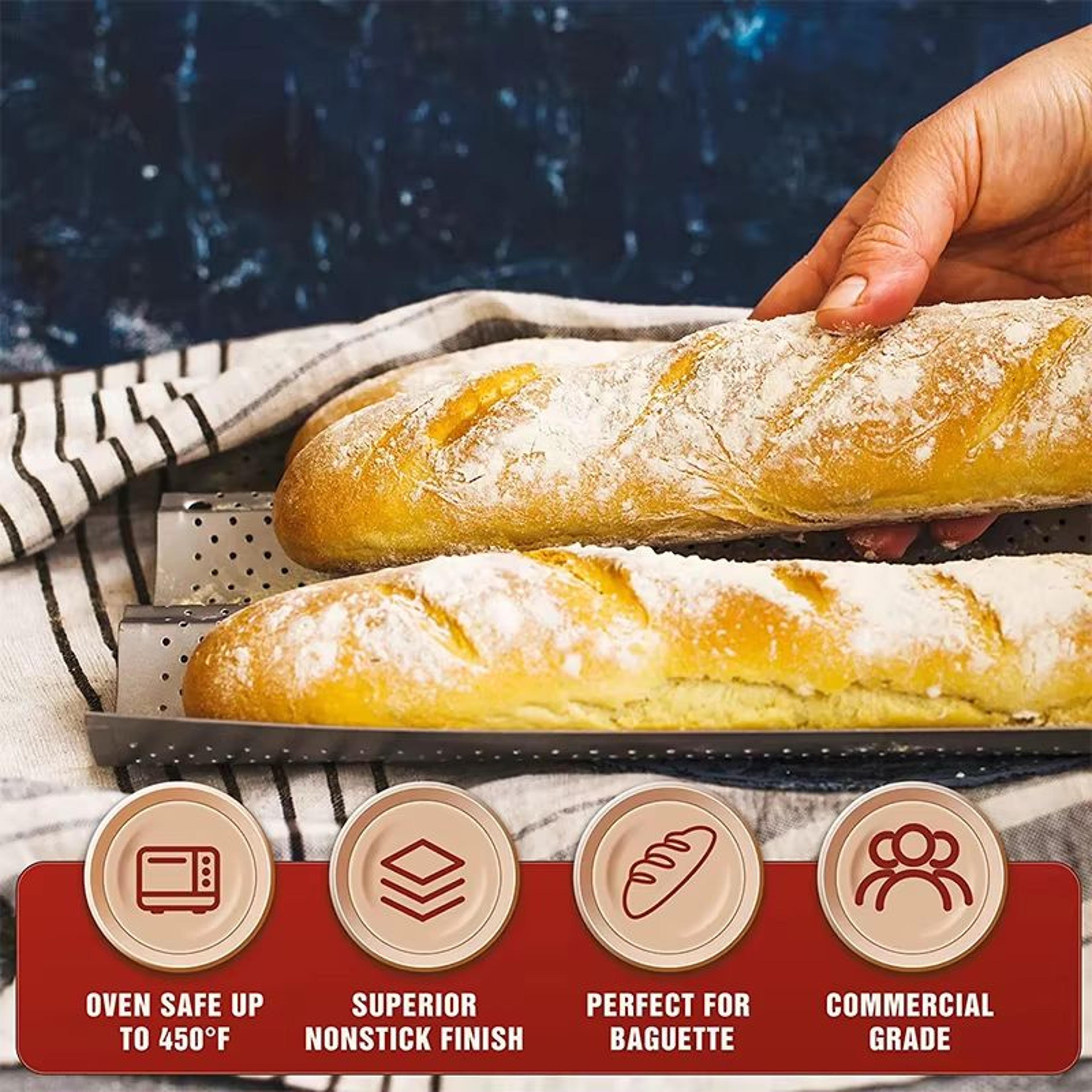 LMETJMA Nonstick Perforated French Bread Baking Pan For Four Baguette Loaves 2