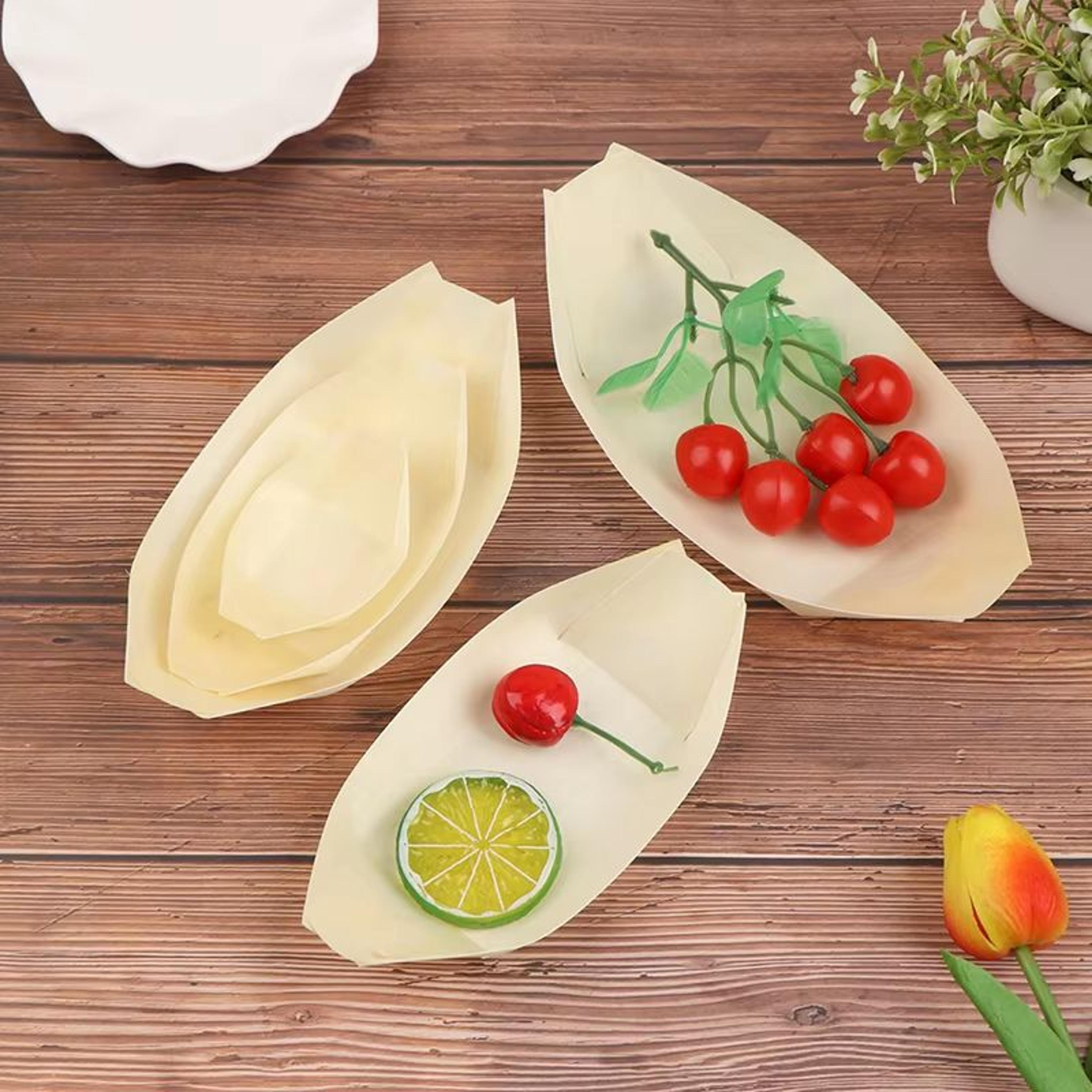 50 piece disposable wooden boat plate set pine wood sushi trays for serving snacks and desserts