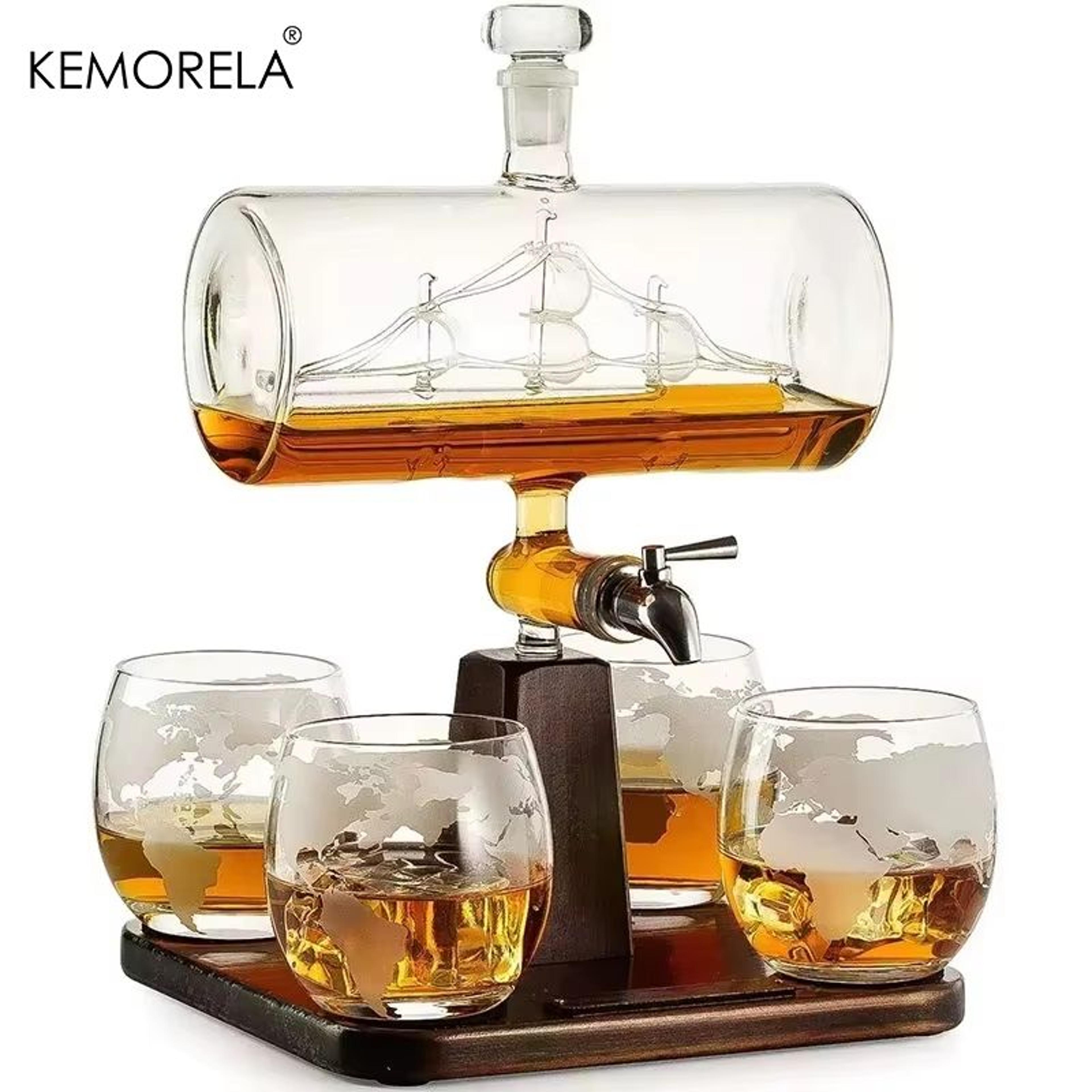 kemorela antique ship decanter 37.20 fl oz whiskey decanter set with wooden stand and 4 glasses