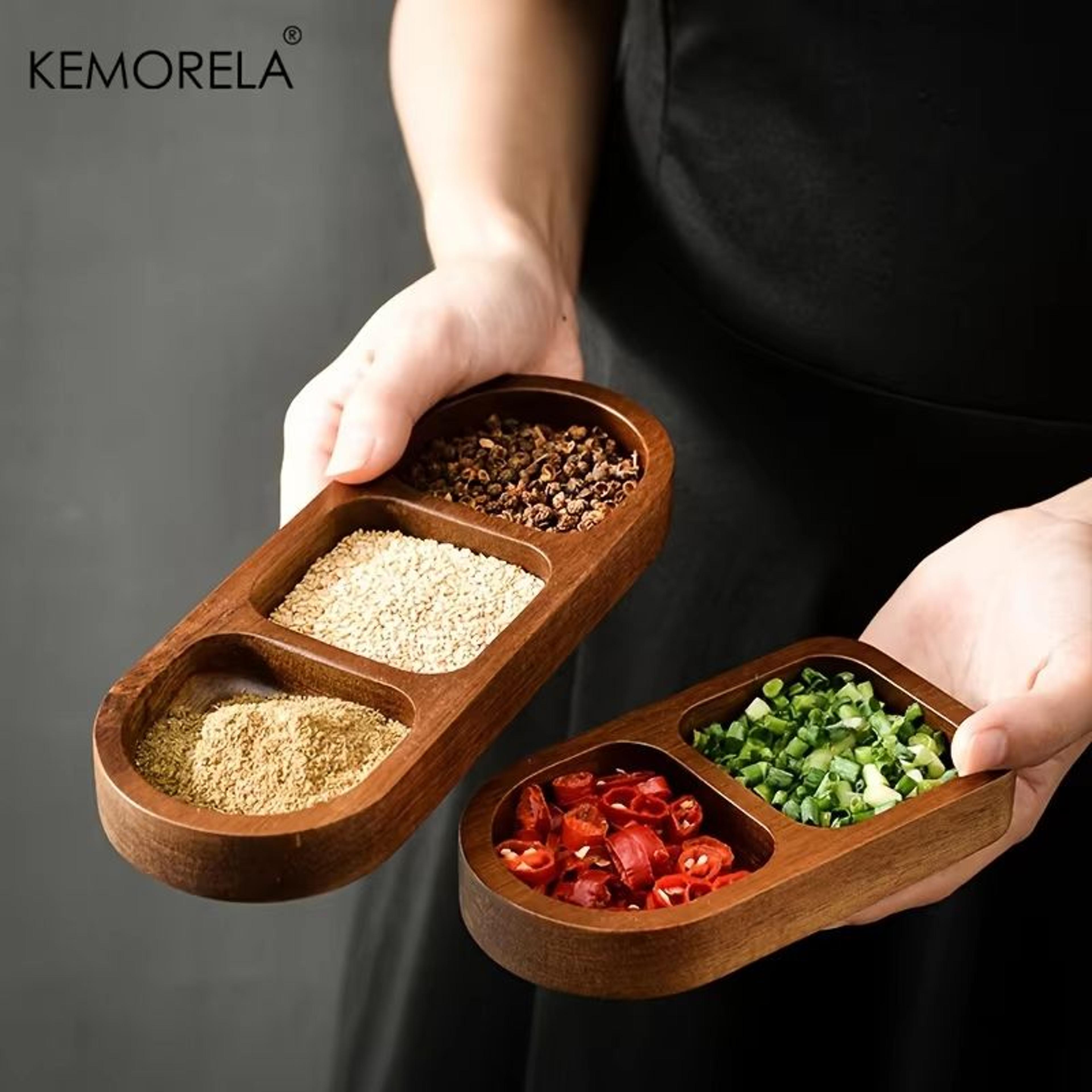 solid wood divided serving tray (2 or 3 compartments) condiment and snack plate for sauces, sushi, bread, and desserts