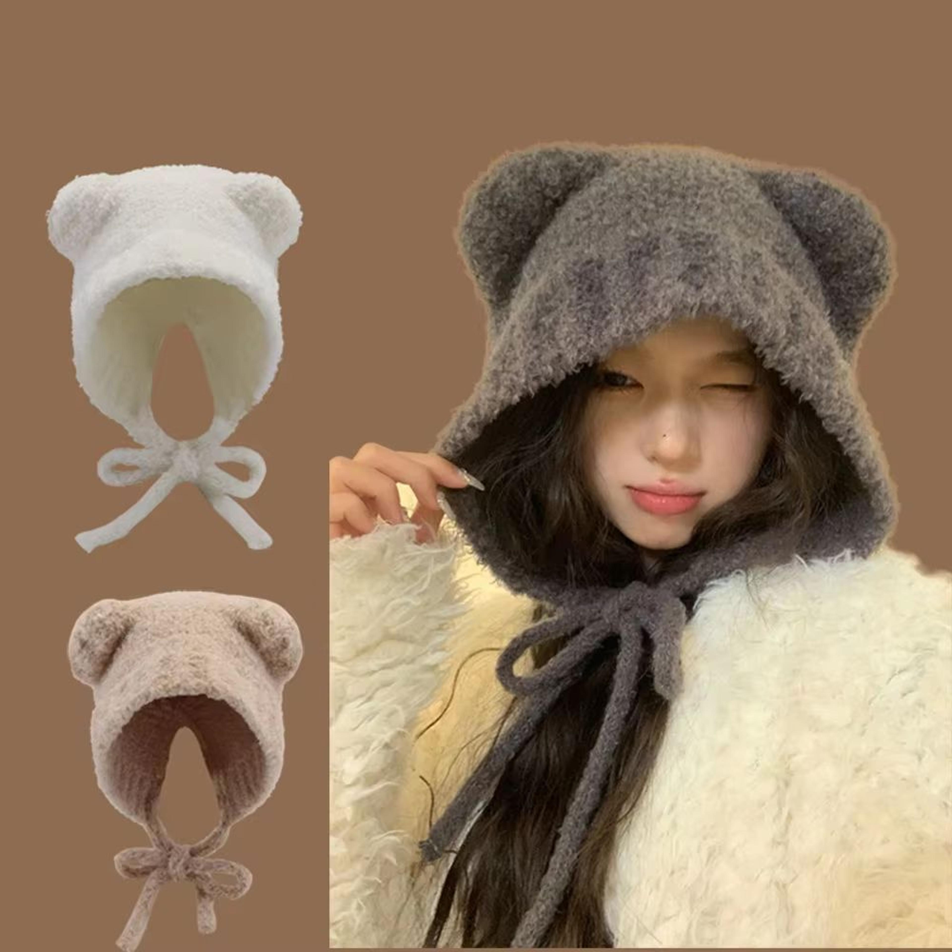 women's cute bear ear knitted winter beanie hat