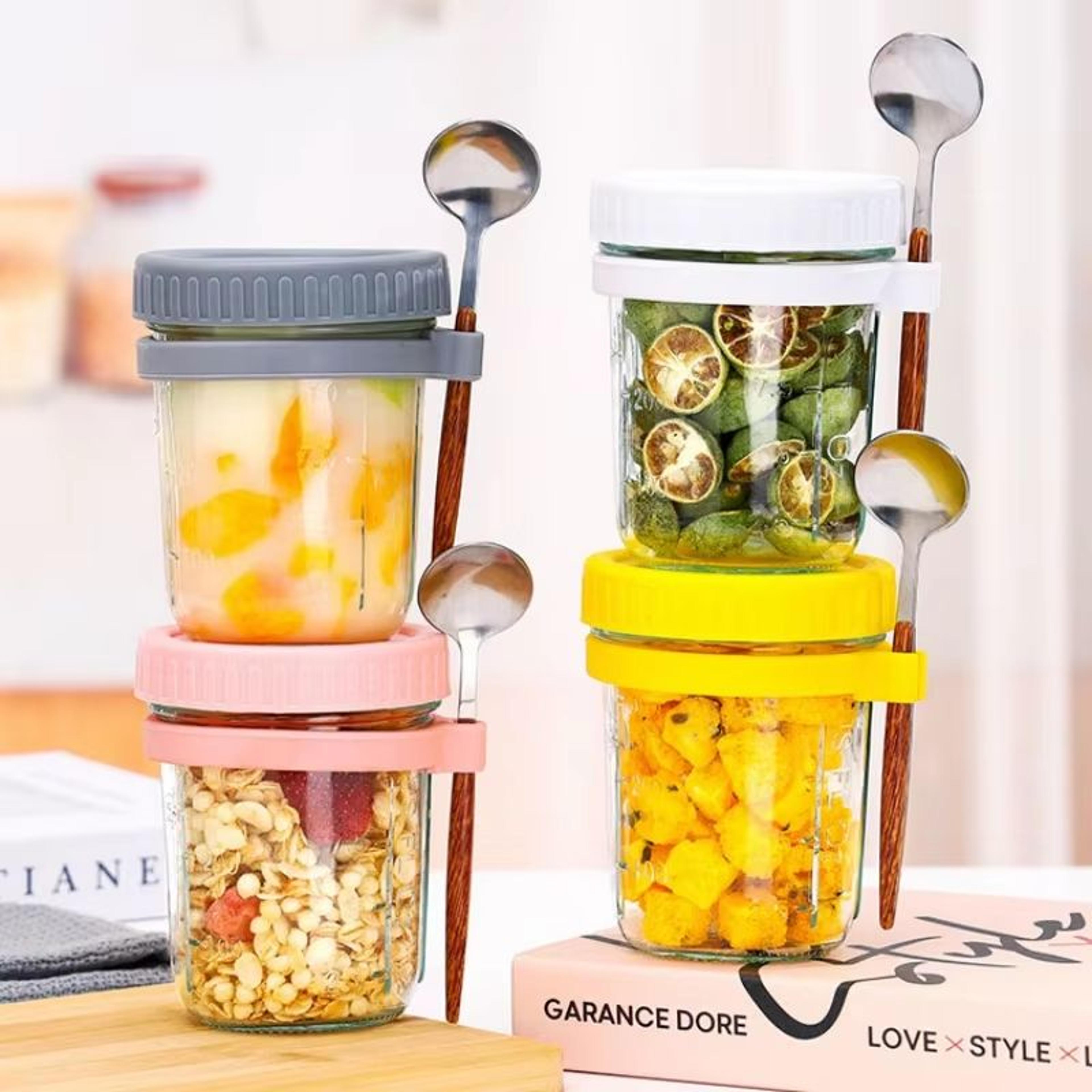 high-value oat cup – transparent glass with lid, spoon, and scale, multi-color breakfast cup