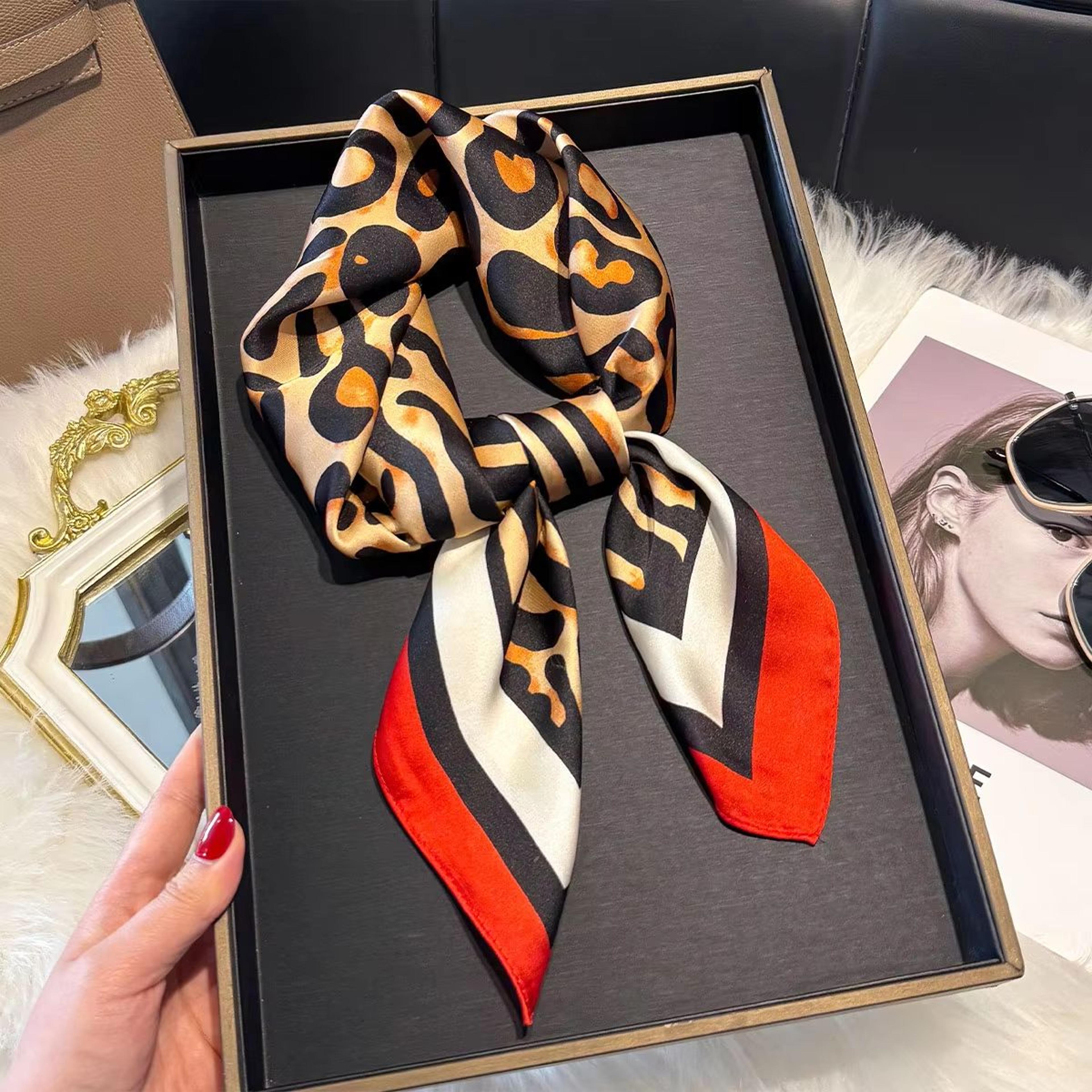 luxury leopard print satin square scarf for women – 27.56x27.56in soft hairband, neckerchief & headband foulard