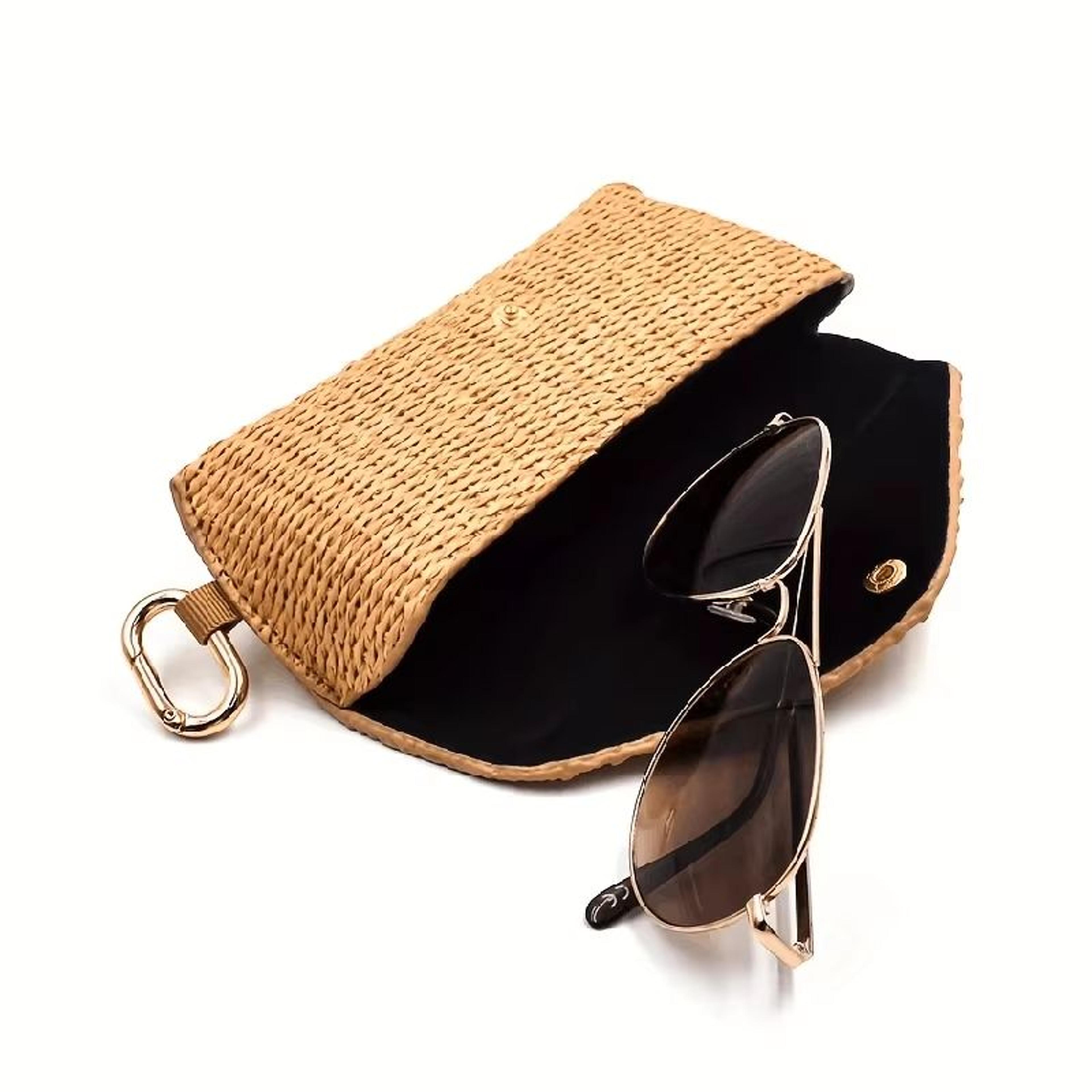 durable woven straw eyeglass case protective fashion glasses pouch with hook