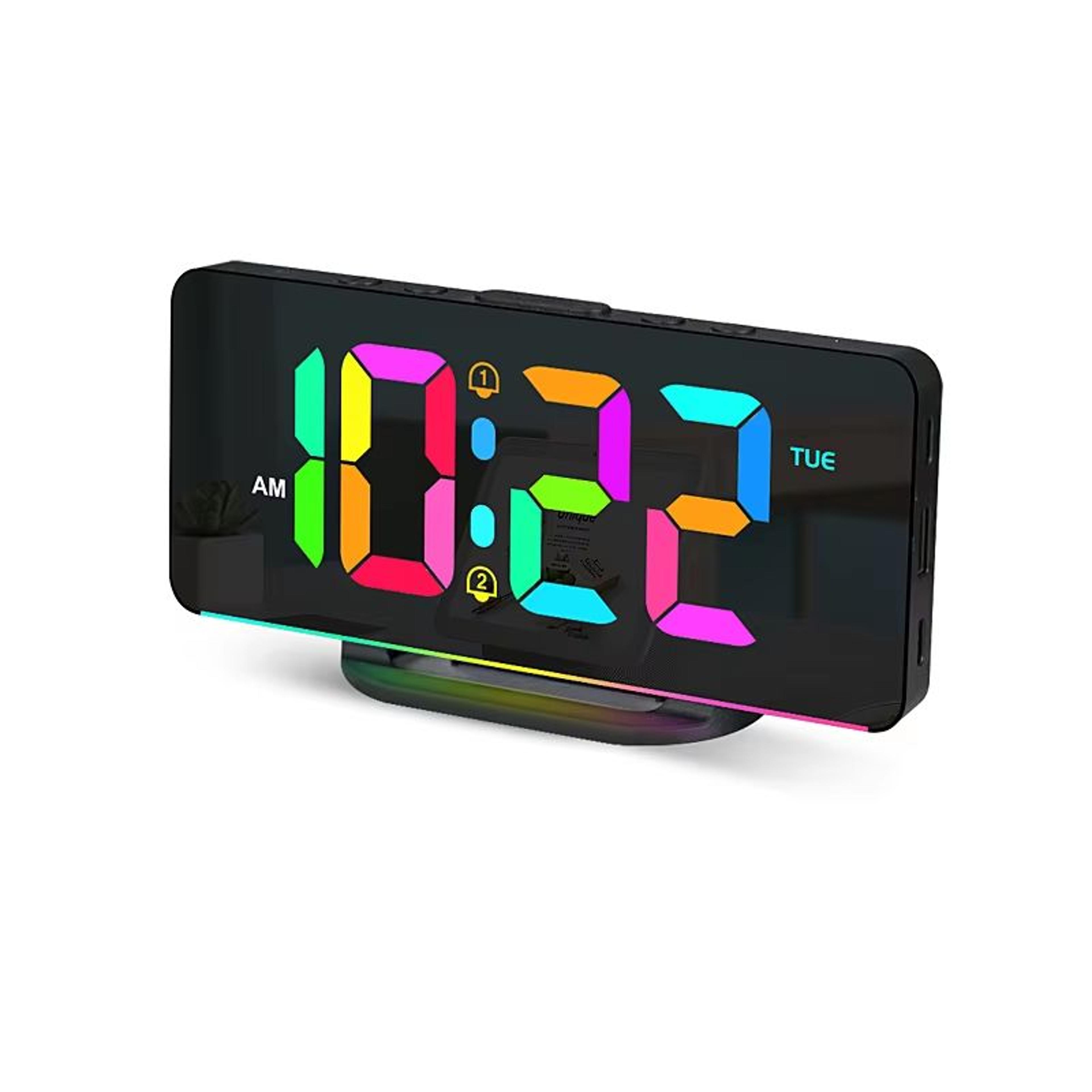 digital alarm clock with dimmable rgb atmosphere night light, usb charger and week display