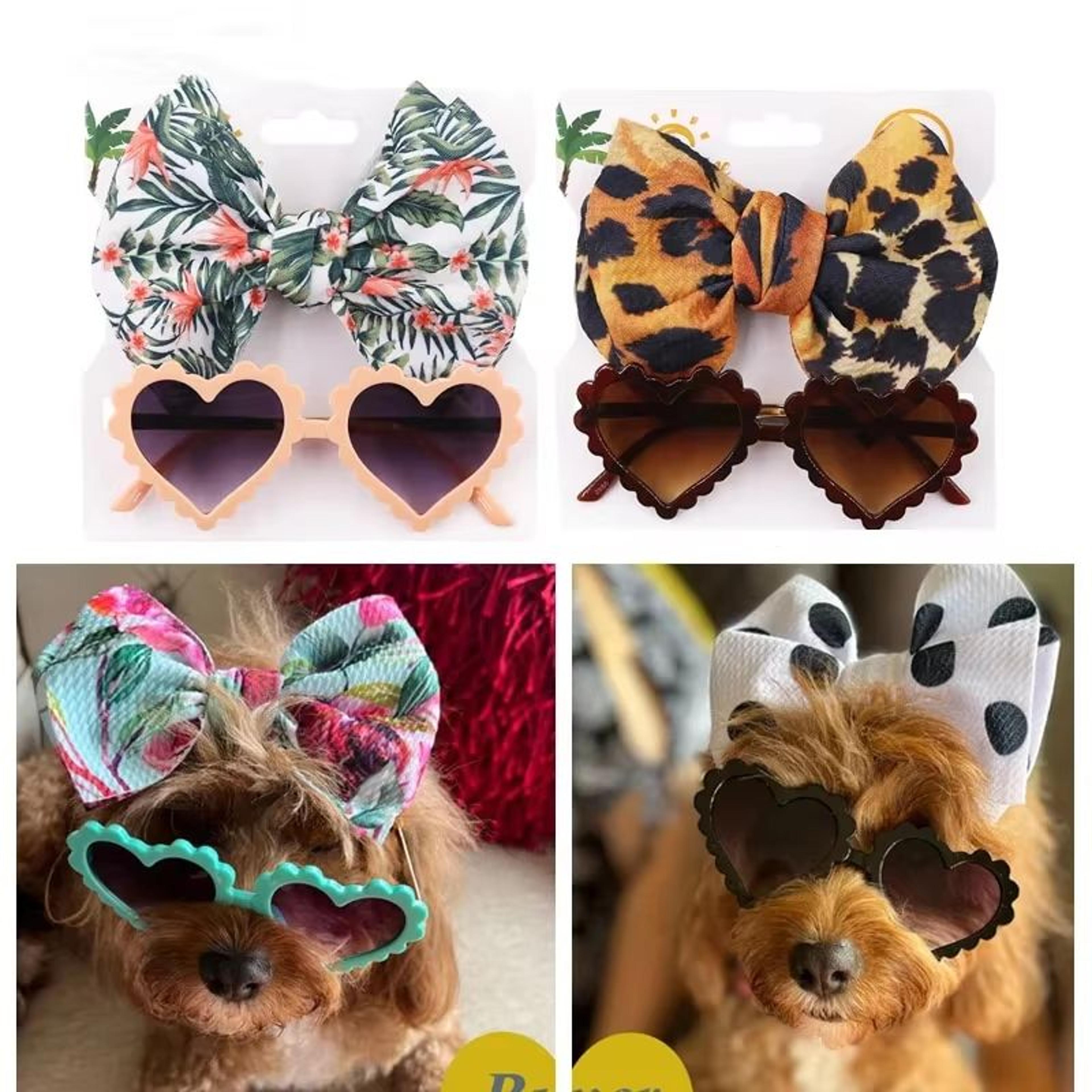 heart-shaped dog sunglasses and pet grooming bows 2pcs set cute hair bands for photos and dress-up
