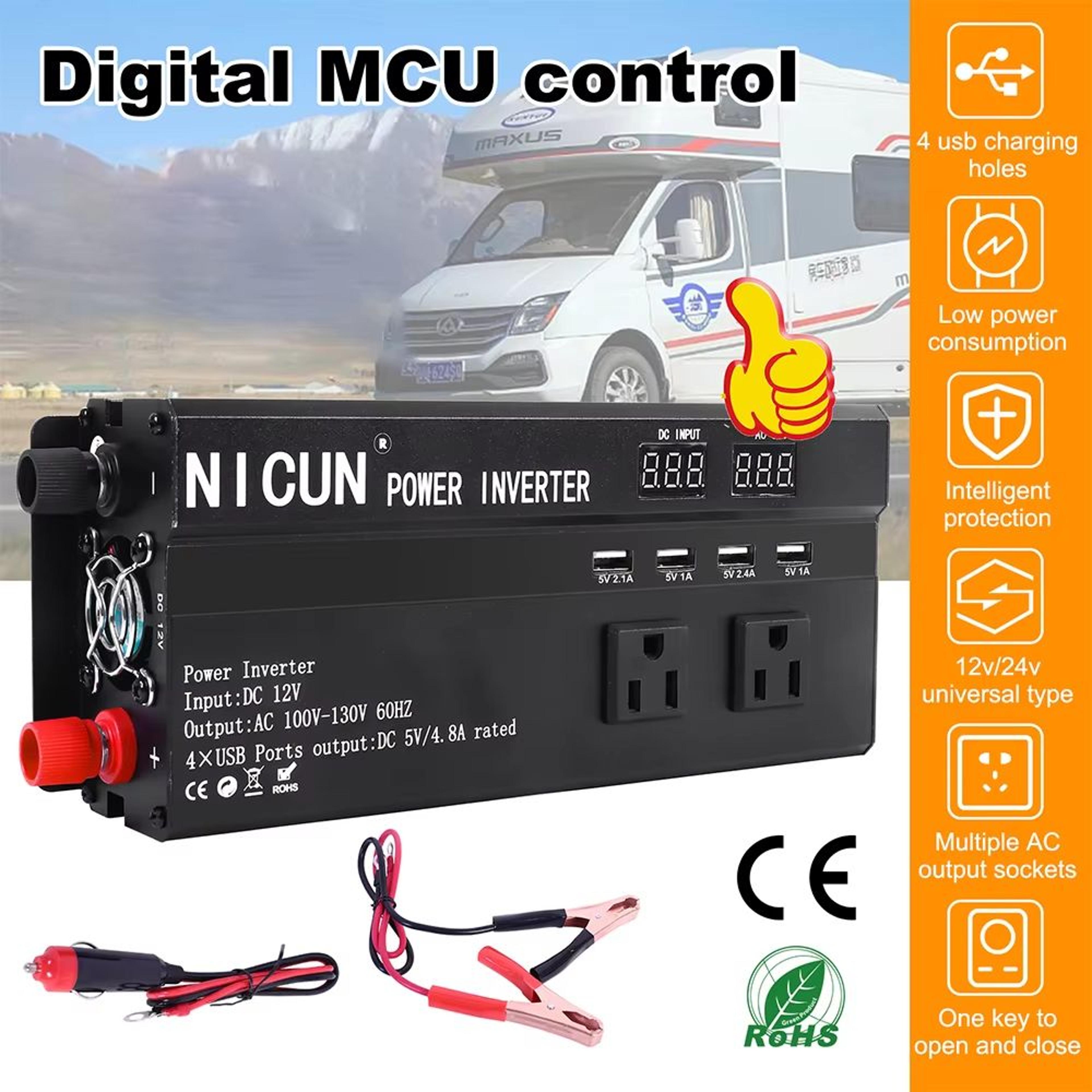 pure sine wave 12v to 110v power inverter with lcd and 3 ac outlets usb for car, rv, home, and solar