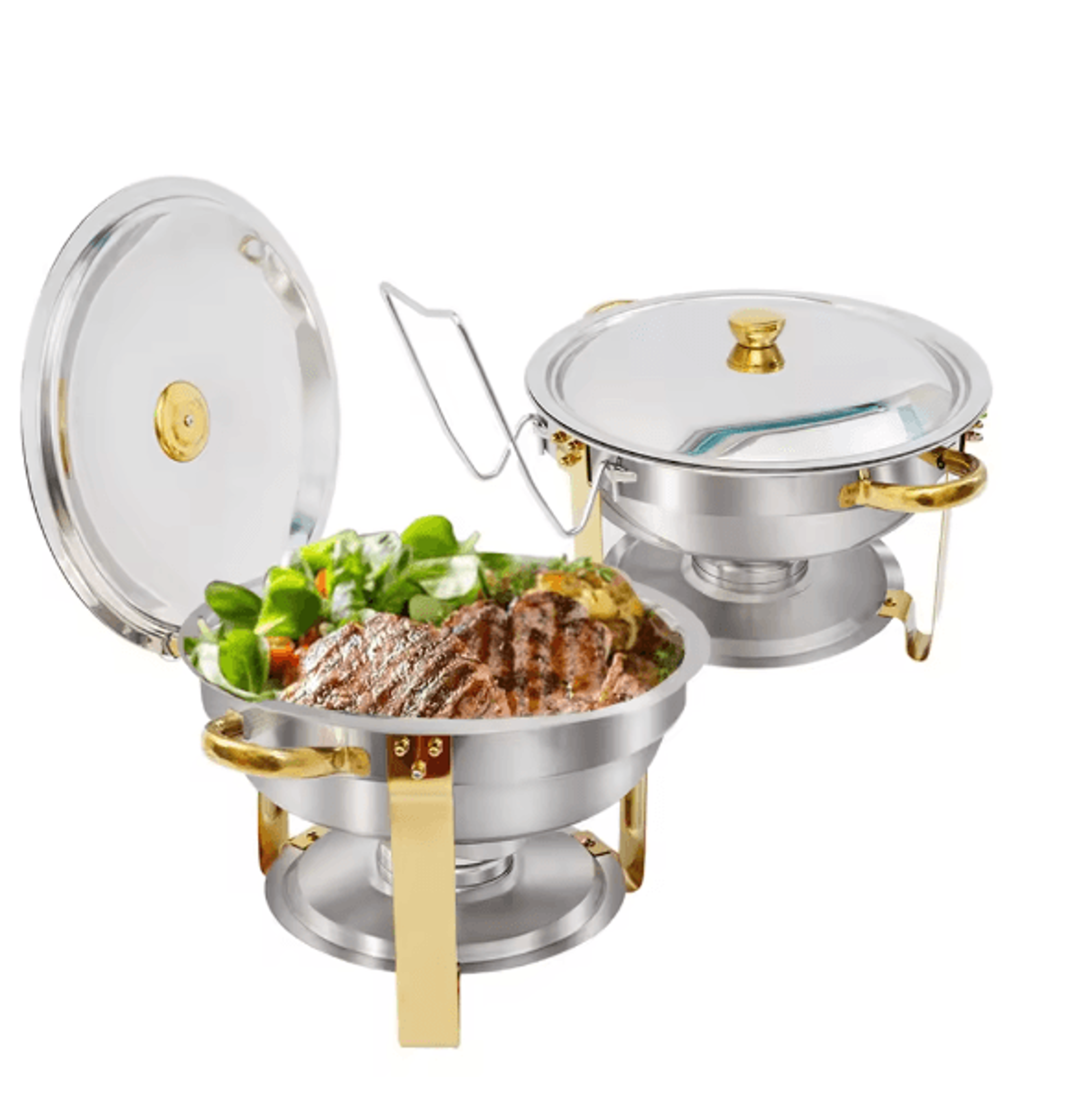 5 Qt Round Stainless Steel Buffet Warmer Chafing Dish Set With Half Gold Accent For Parties And Cat 6